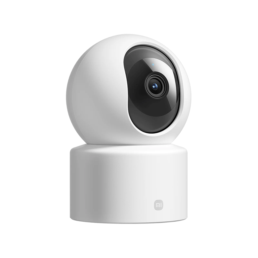 Una telecamera di sicurezza bianca con una parte superiore sferica e una base cilindrica. L'obiettivo della fotocamera è nero. Il logo Xiaomi è sulla base.
