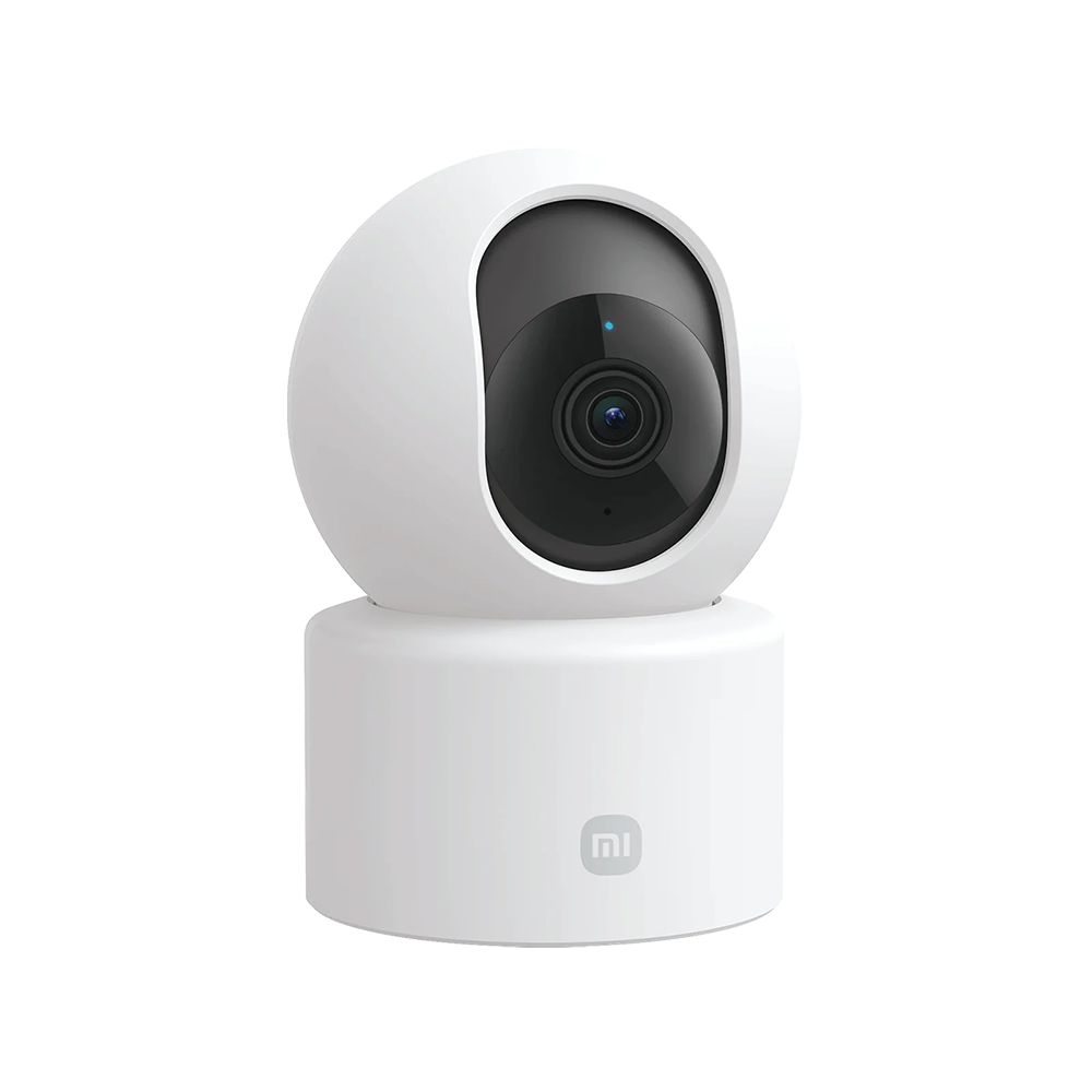 Una telecamera di sicurezza bianca con lente nera e parte superiore rotonda. Il logo Xiaomi è in basso.