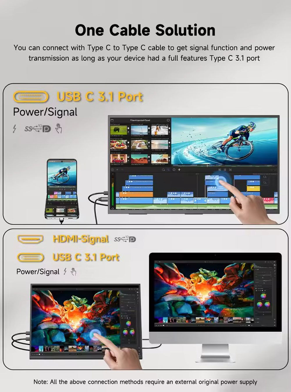 Diagrama que muestra las conexiones del puerto USB C 3.1 a las pantallas. Incluye un teléfono y un monitor que muestra software de edición de video.