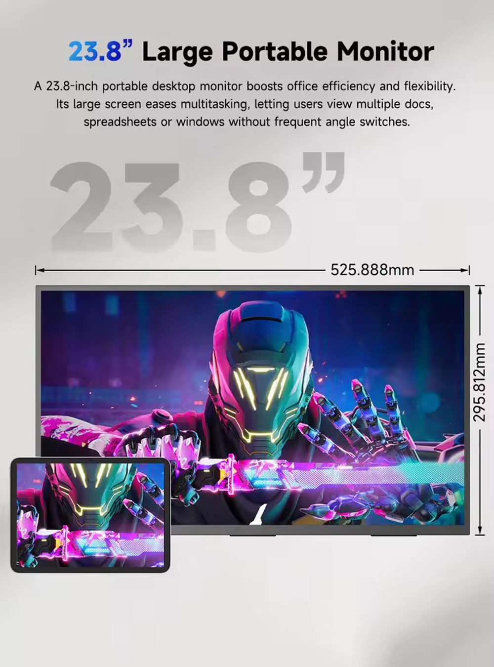 Un monitor grande y una tableta muestran un diseño futurista. El texto indica que es un monitor portátil de 23,8".