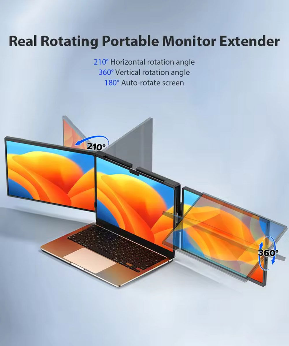 Un portátil con dos monitores adjuntos, que muestran ángulos de rotación. El texto resalta la rotación horizontal, vertical y las capacidades de rotación automática de la pantalla.