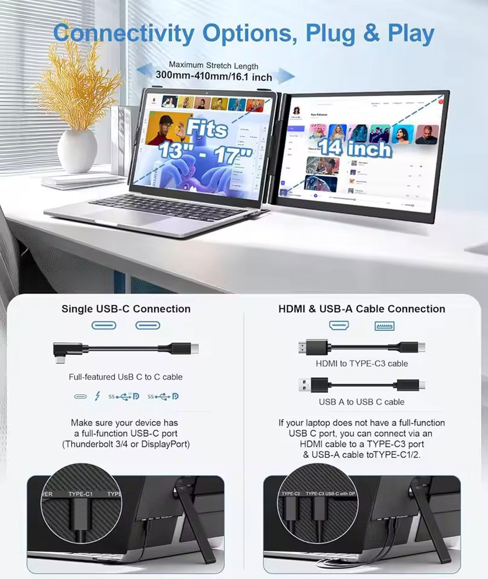 Un portátil con dos pantallas está en un escritorio. Se muestran opciones de conectividad, incluyendo cables USB-C y HDMI. Hay detalles sobre los puertos.