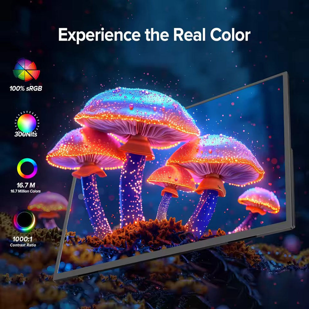 Un monitor muestra hongos coloridos. El texto a la izquierda detalla las características de la pantalla. El fondo es oscuro con 'Experience the Real Color'.