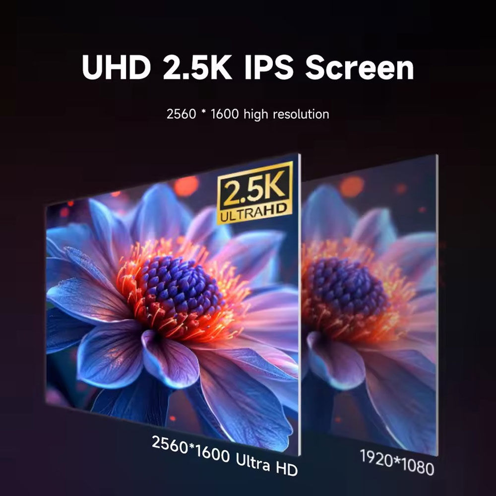 La imagen muestra una pantalla con una imagen floral y texto promocionando UHD 2.5K IPS. Destaca la resolución: 2560*1600 Ultra HD y 1920*1080.