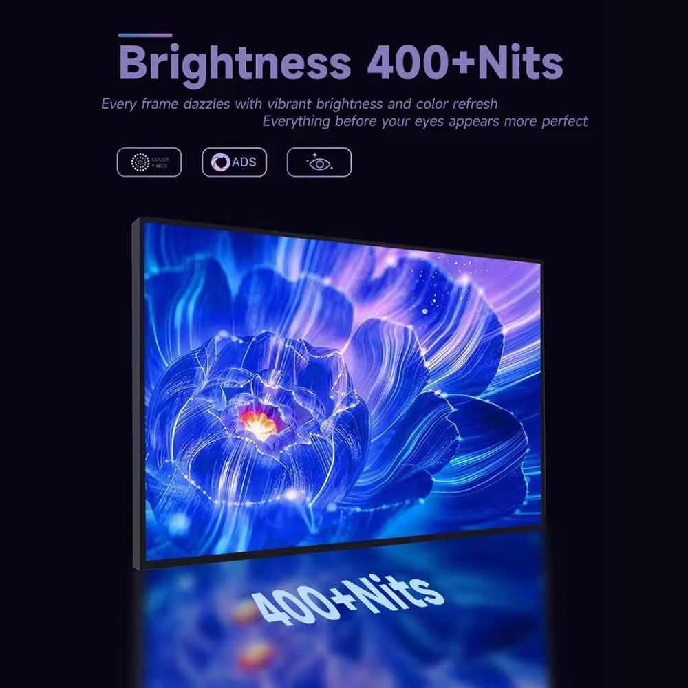 Una pantalla muestra una imagen floral azul. El texto dice 'Brightness 400+ Nits'. También son visibles otros iconos y texto.