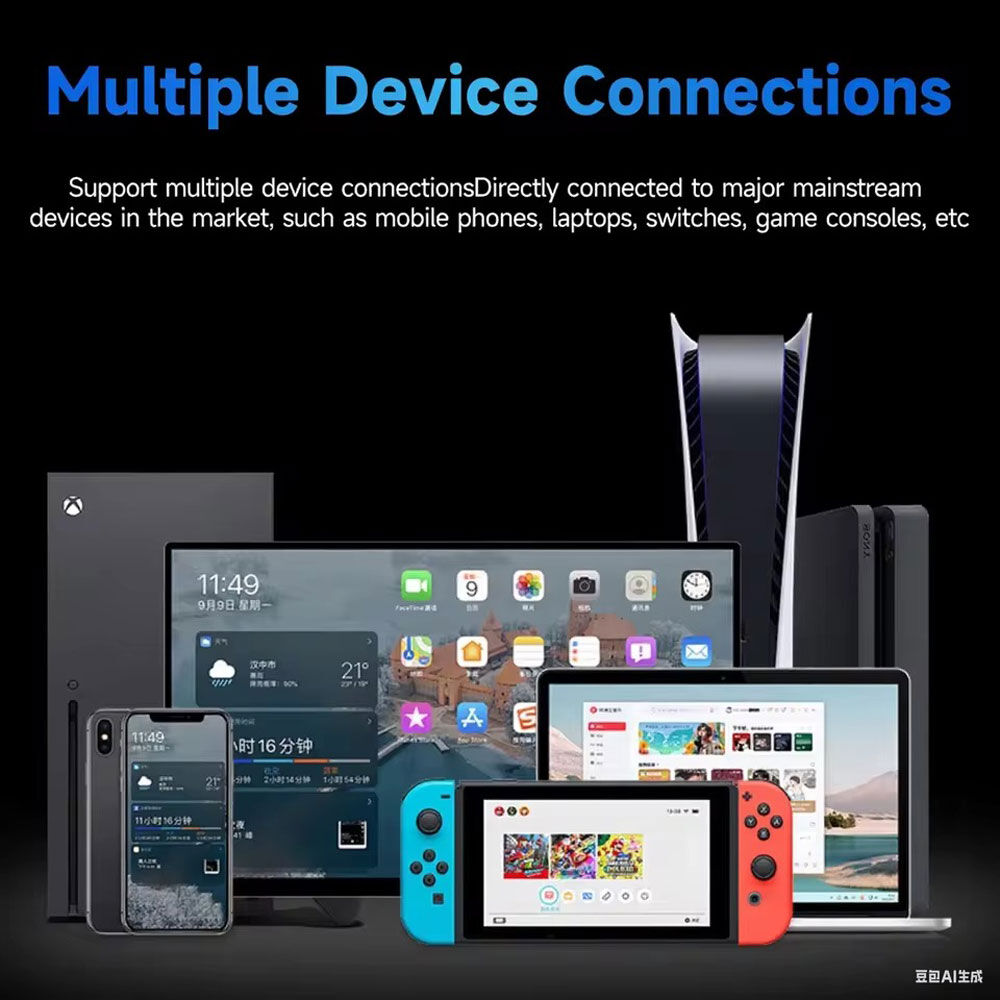 Imagen muestra múltiples dispositivos: teléfono, laptop, Switch, consolas. Texto: Conexiones de múltiples dispositivos.