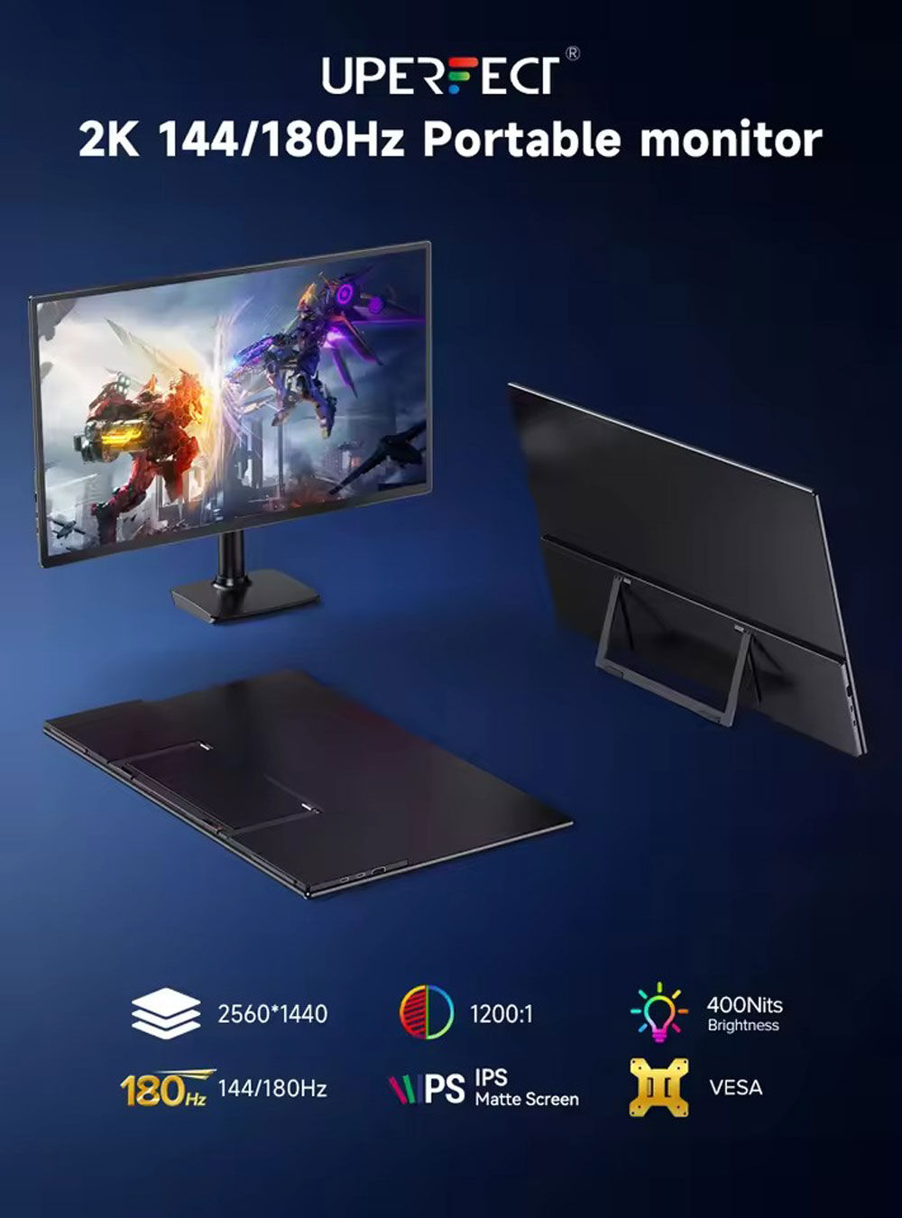 Un monitor portátil muestra una escena de videojuego. Especificaciones: 2K, 144/180Hz, IPS y VESA. La marca es Uperfect.