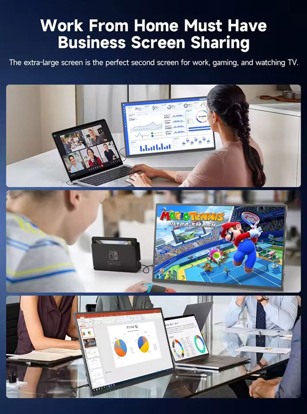 Imagen muestra pantallas para trabajo, juegos y TV. Personas usando laptops y consolas. Texto dice 'Business Screen Sharing'.