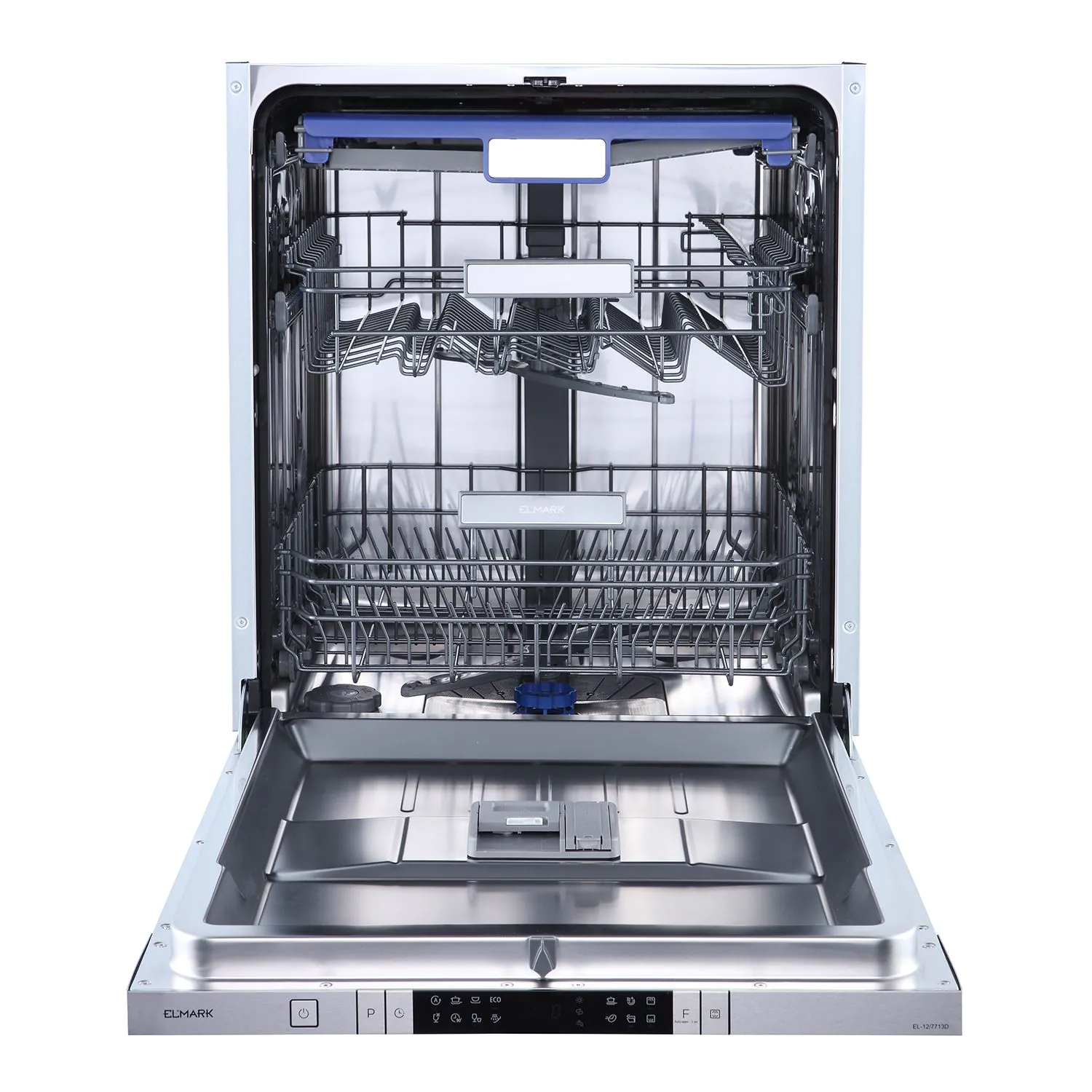 Lavastoviglie aperta con cestelli, interno in acciaio inox. Controlli in basso, con marchio ELMARK. Colori blu e bianco.