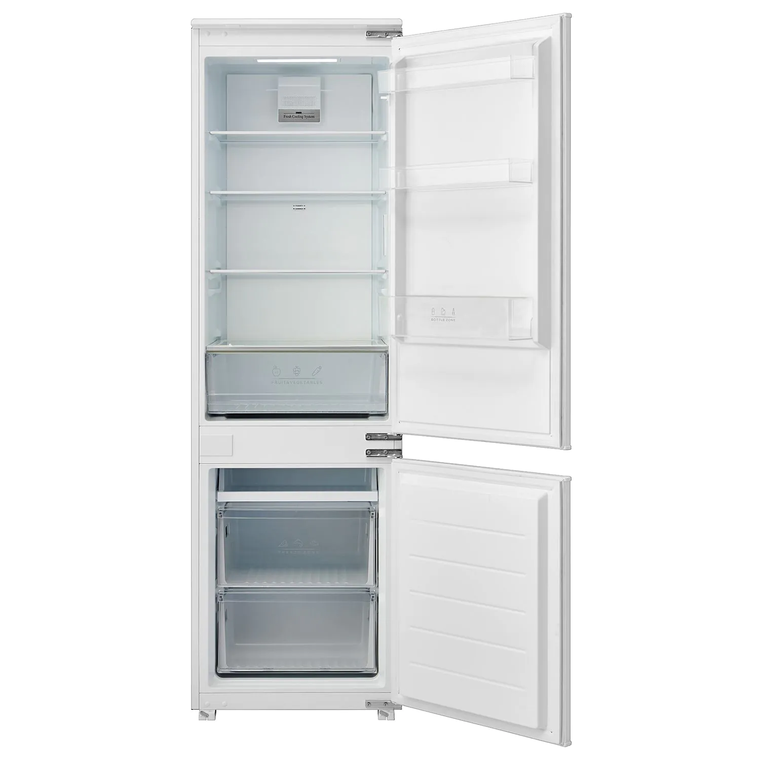 Un frigorifero bianco con ante aperte, mostra ripiani, cassetti ed etichette come 'Fresh Cooling System'.