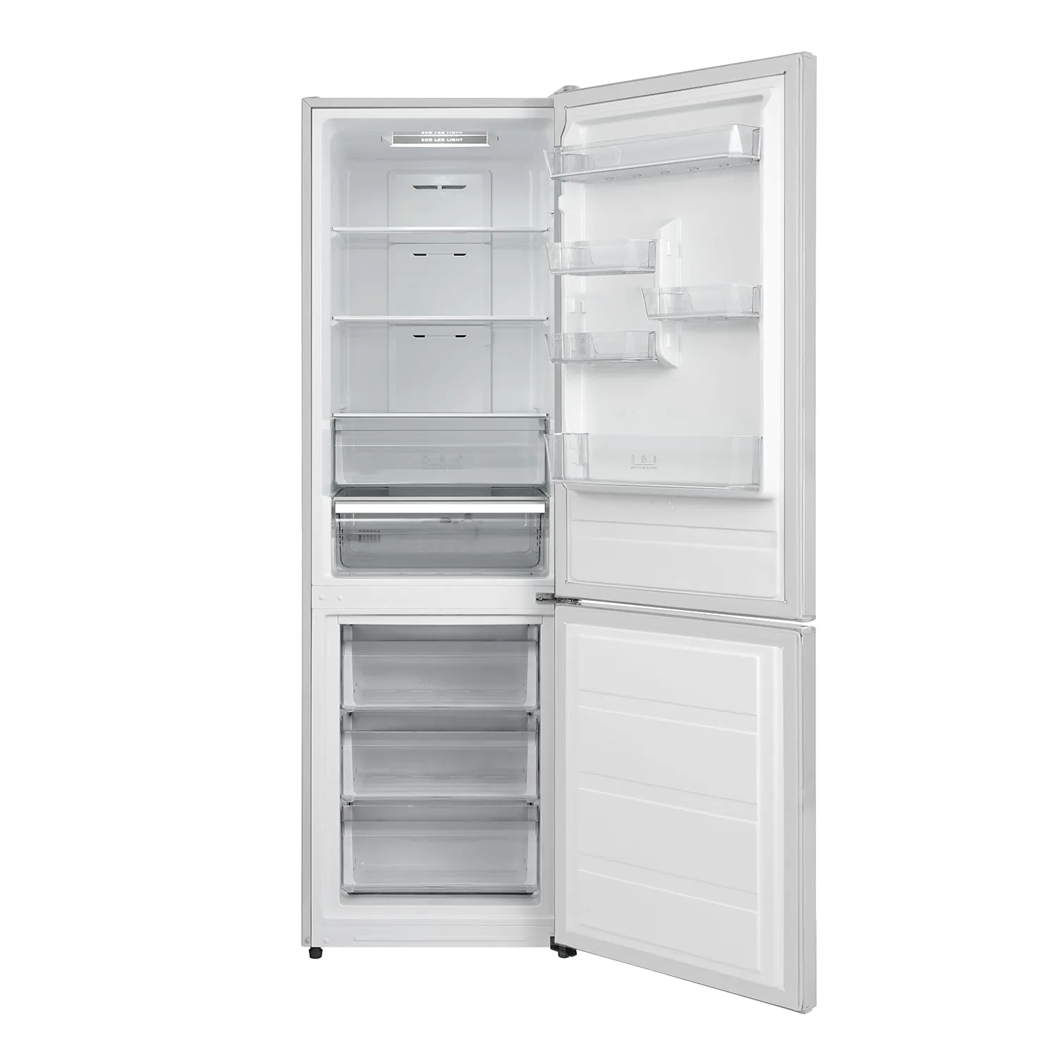 Un frigorifero bianco con la porta aperta, che mostra ripiani e cassetti. Anche la porta del congelatore è aperta.