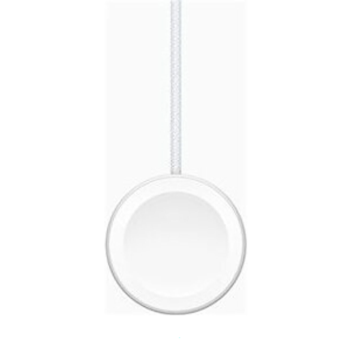 Ein weißes, kreisförmiges Apple Watch-Ladegerät mit weißem Kabel vor weißem Hintergrund.