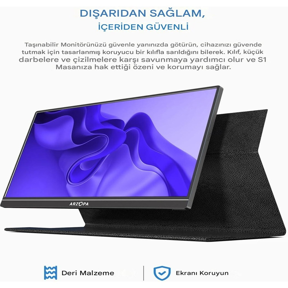 Un monitor in una custodia di pelle nera. Lo schermo mostra un design astratto viola. Testo in turco visibile.