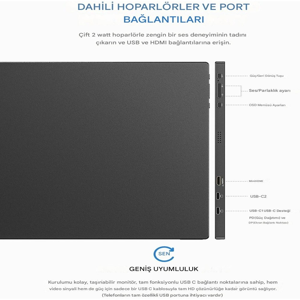 Un monitor con altoparlanti interni e connessioni. Ha pulsanti di accensione, volume e menu OSD. Porte USB e HDMI visibili.