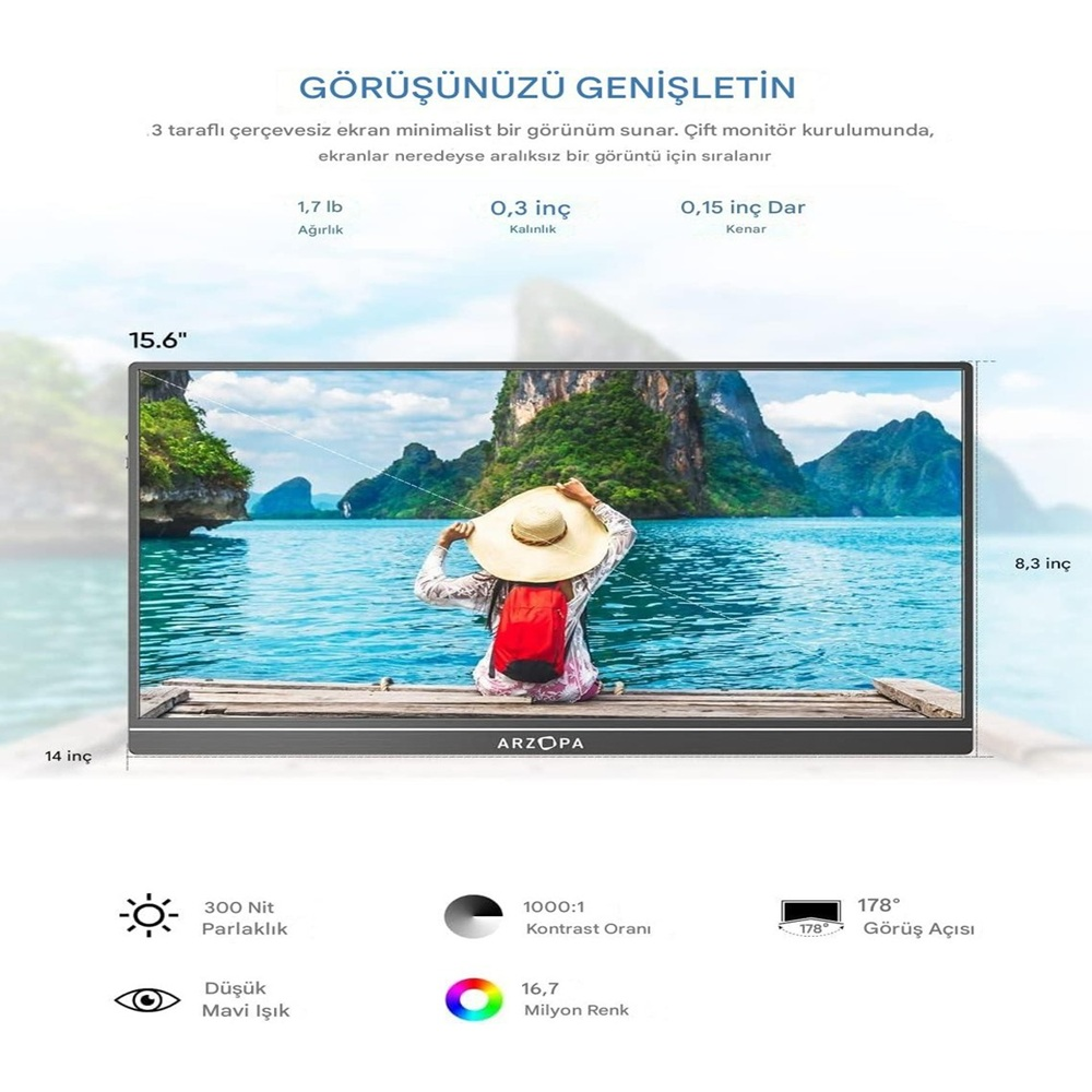 Un monitor mostra una vista panoramica di un'isola con una persona con cappello e zaino rosso.
