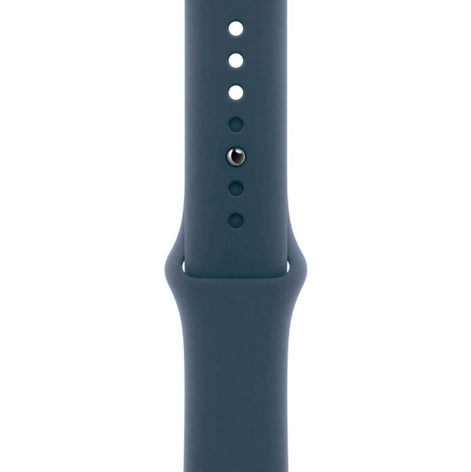 Nahaufnahme eines teal-farbenen Uhrenarmbands mit mehreren Löchern und einem Metallverschluss. Weißer Hintergrund.