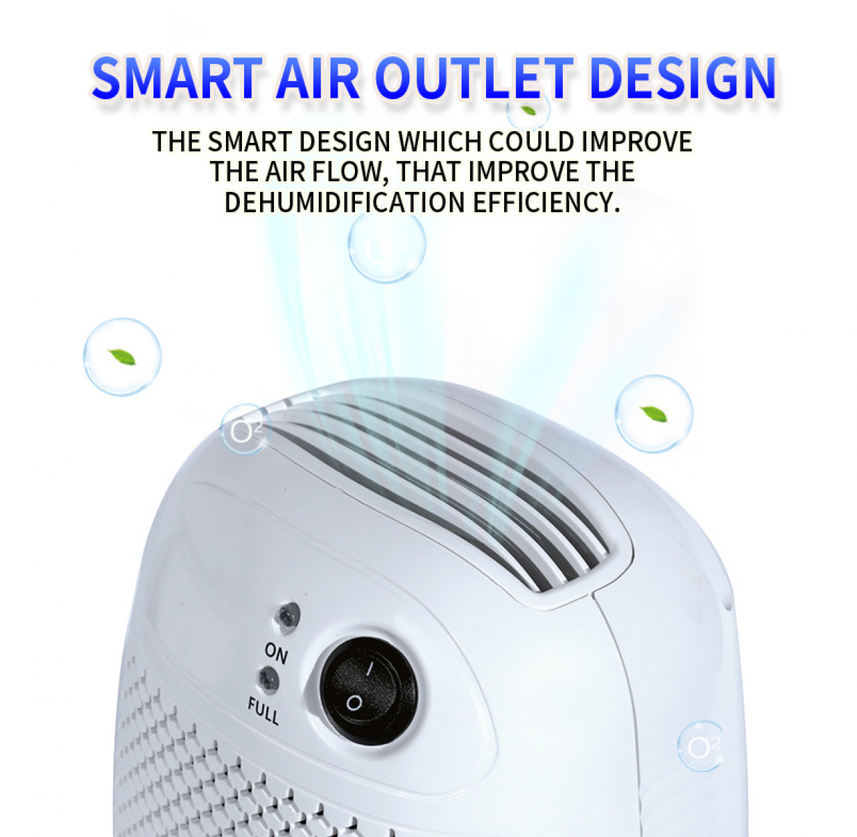 Weißer Luftreiniger mit schwarzem Netzschalter, beschriftet mit 'ON' und 'FULL'. Text oben sagt 'SMART AIR OUTLET DESIGN'.