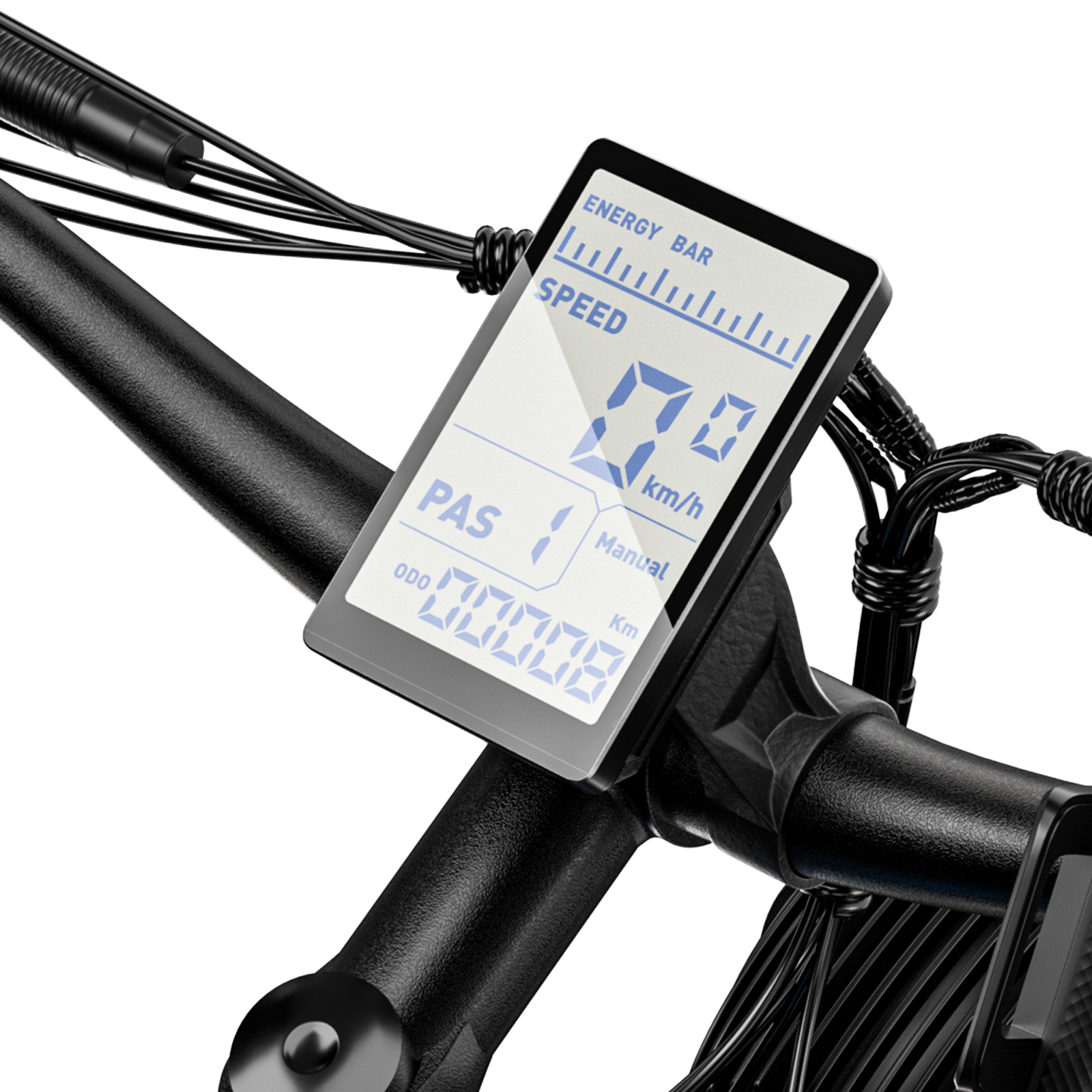 Primer plano del manillar de una bicicleta eléctrica con pantalla que muestra la velocidad, el nivel de PAS y el cuentakilómetros. Se ve el manillar y los cables negros.