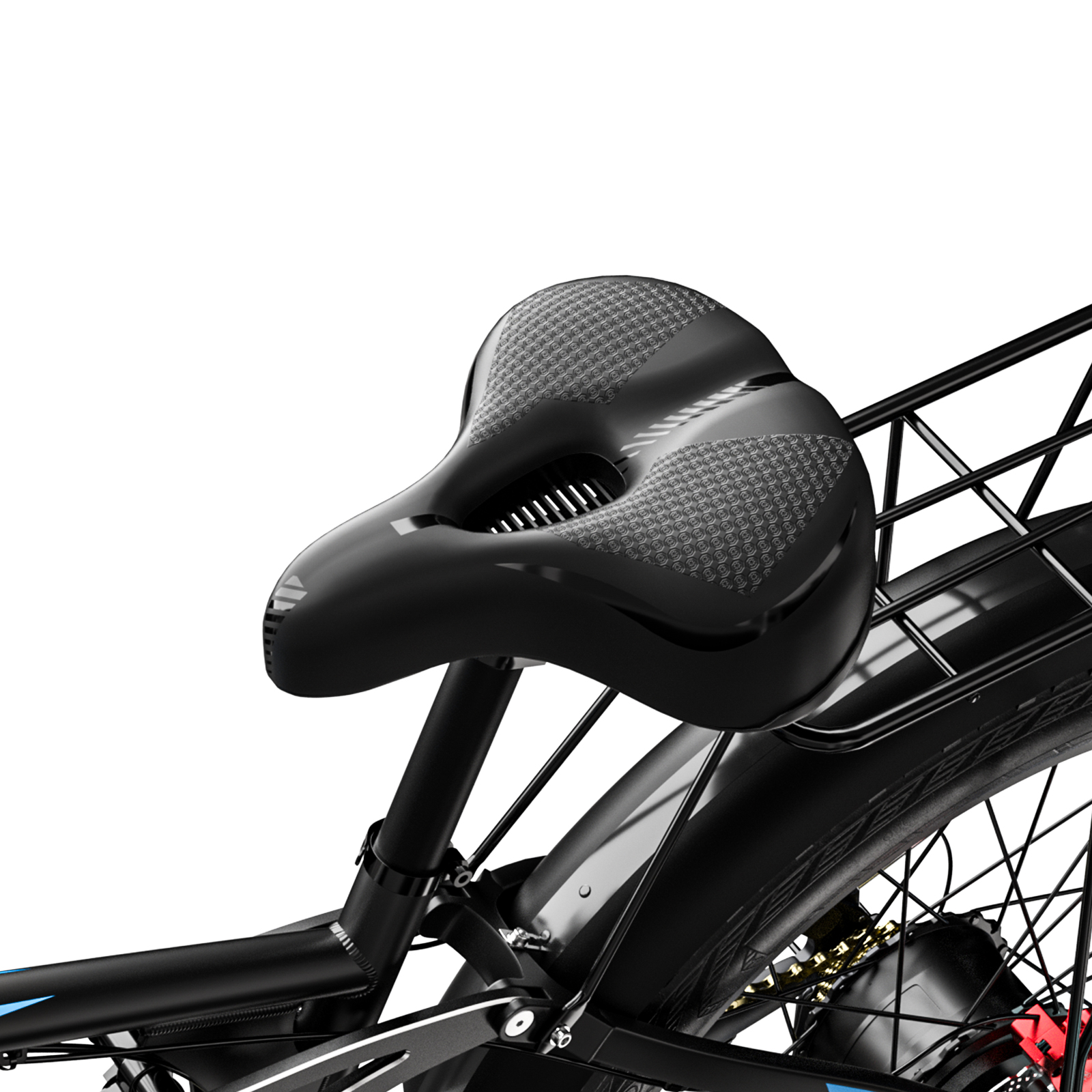 Asiento de bicicleta negro con parte superior texturizada. Portaequipajes y neumático visibles. Marco y guardabarros negros.