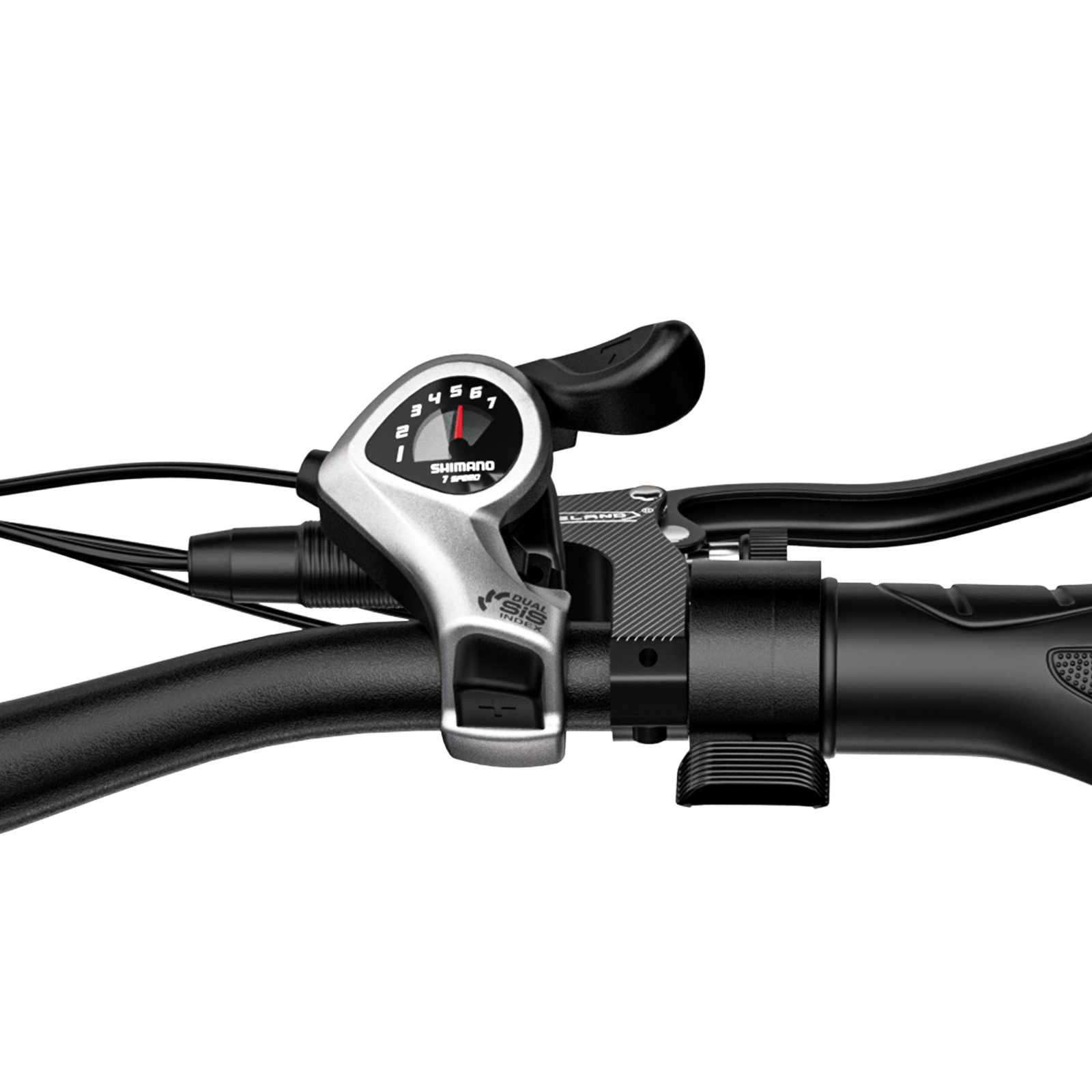 Nahaufnahme eines Fahrradlenkers mit Shimano-Gangschaltung. Der Wählhebel zeigt den aktuellen Gang an. Schwarzer Lenker.
