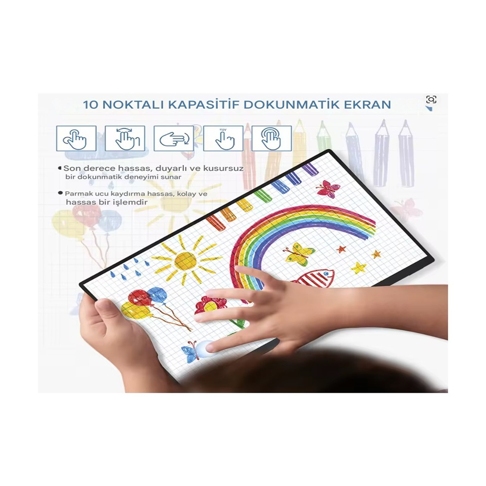Bir çocuk gökkuşağı, güneş ve balon çizimleri olan bir tablet tutuyor. Dokunmatik ekran teknolojisi hakkında metin görünüyor.