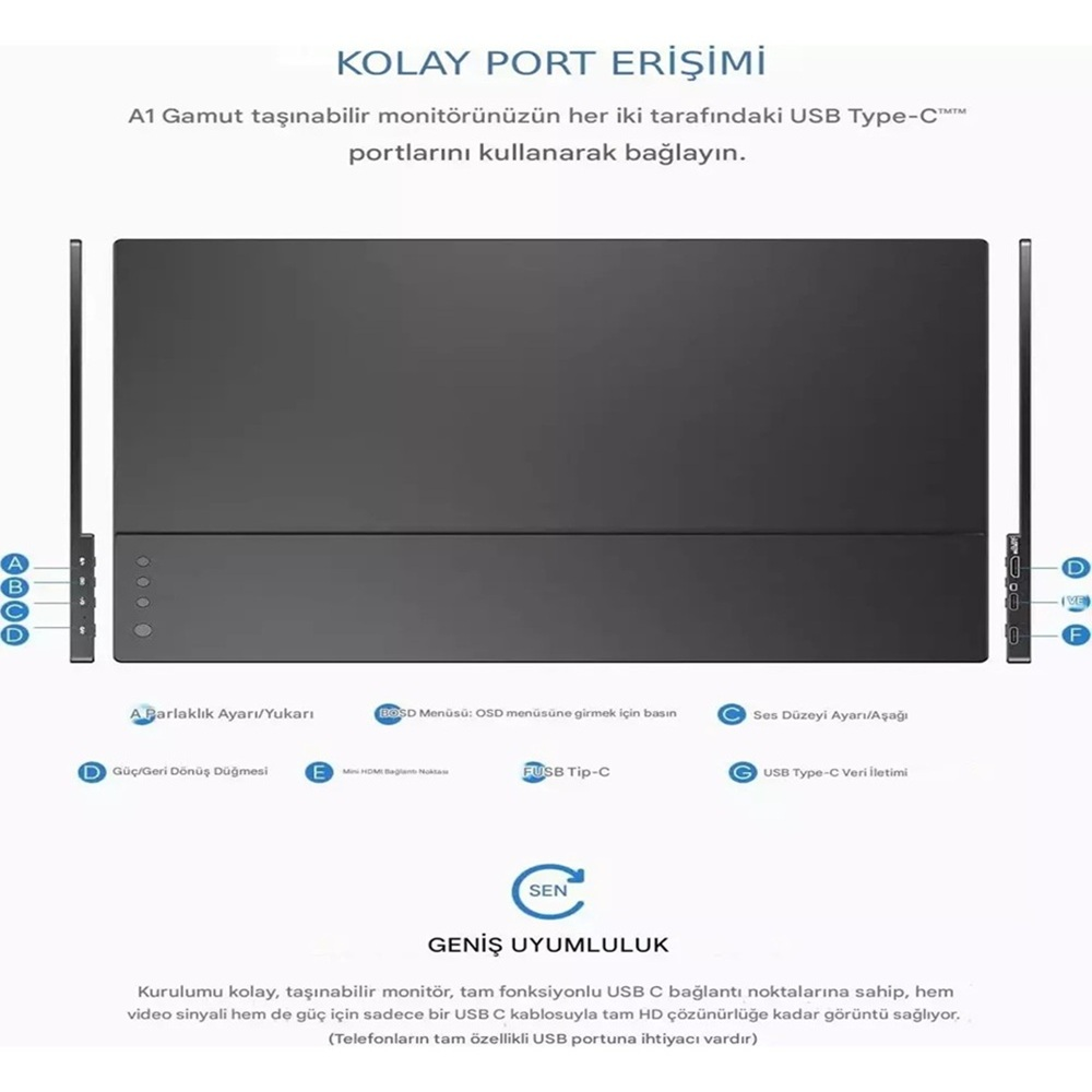 USB-C portlu bir monitör. Kontroller arasında parlaklık, OSD menüsü, ses düzeyi, güç/geri dönüş, Mini HDMI ve USB-C bulunur.