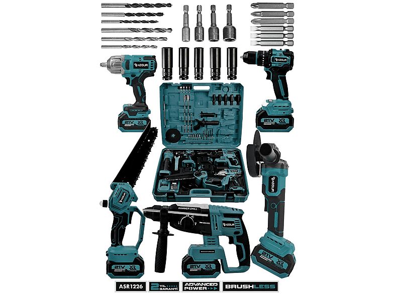 ASSUR 21V Kırıcı Delici Hilti - Taşlama - Somun Sıkma Sökme - Testere - Akülü Vidalama  5'li Set
