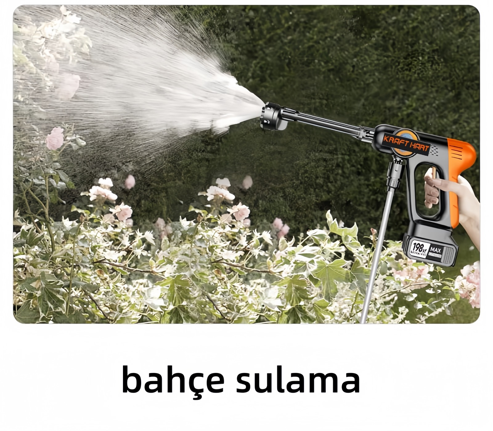 Bir kişi Kraft Hart basınçlı yıkama makinesi ile bahçeyi suluyor. Su çiçeklerin ve yeşil bitkilerin üzerine püskürtülüyor. Alet turuncu ve siyahtır.