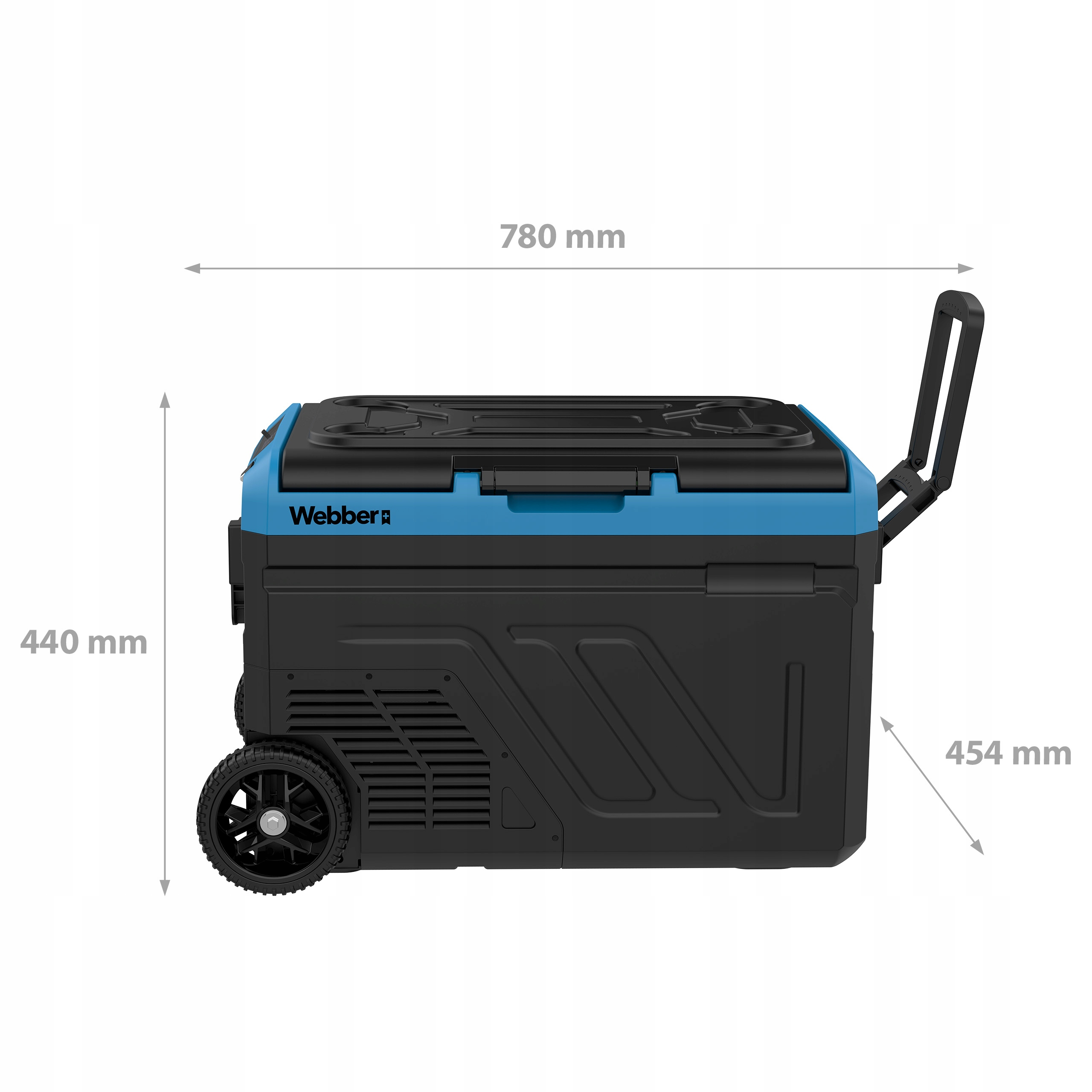 Czarno-niebieska chłodziarka Webber z kółkami i uchwytem. Wymiary są zaznaczone na zdjęciu.