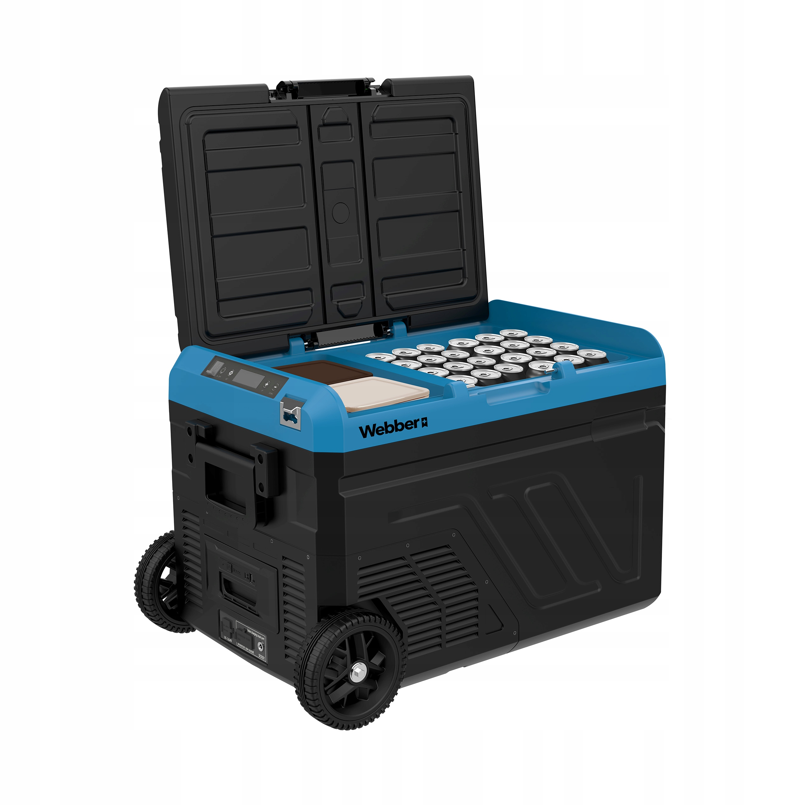 Czarno-niebieska chłodziarka z otwartą pokrywą, wypełniona puszkami. Ma koła i wyświetlacz cyfrowy.