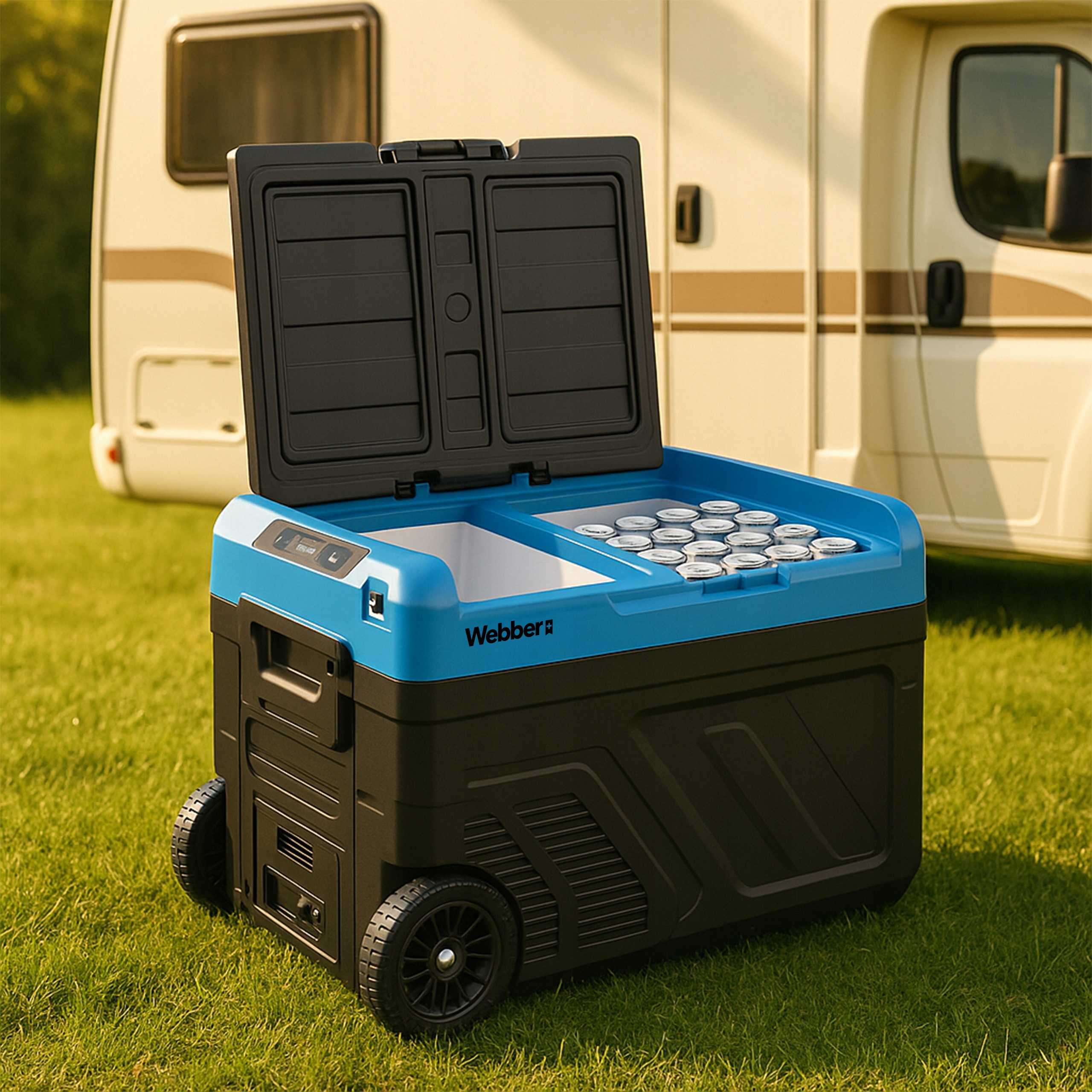 Niebiesko-czarna lodówka z otwartą pokrywą, wypełniona puszkami, zaparkowana na trawie. W tle kamper.