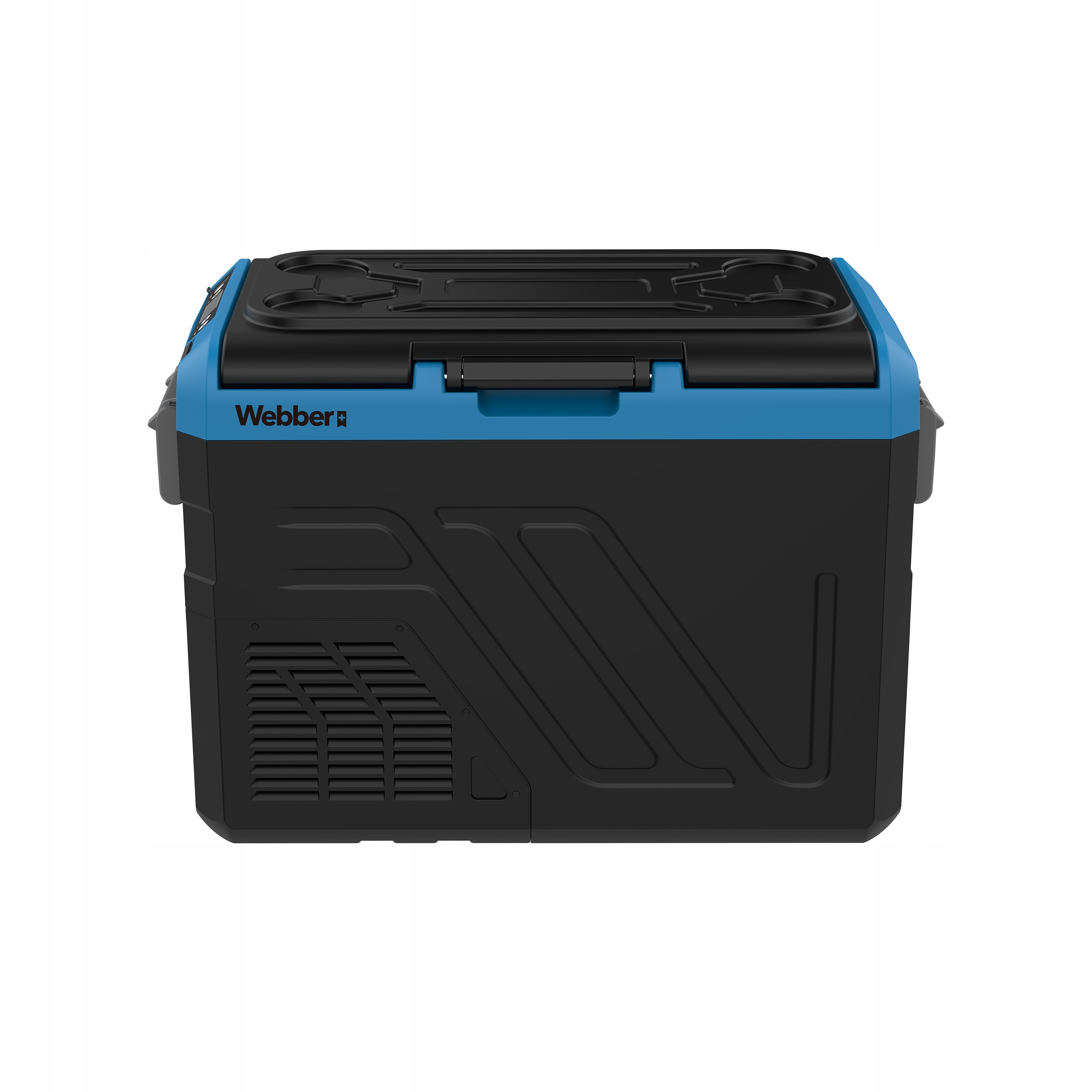 Czarno-niebieska chłodziarka Webber. Ma czarną pokrywę z uchwytami na kubki i czarny korpus.