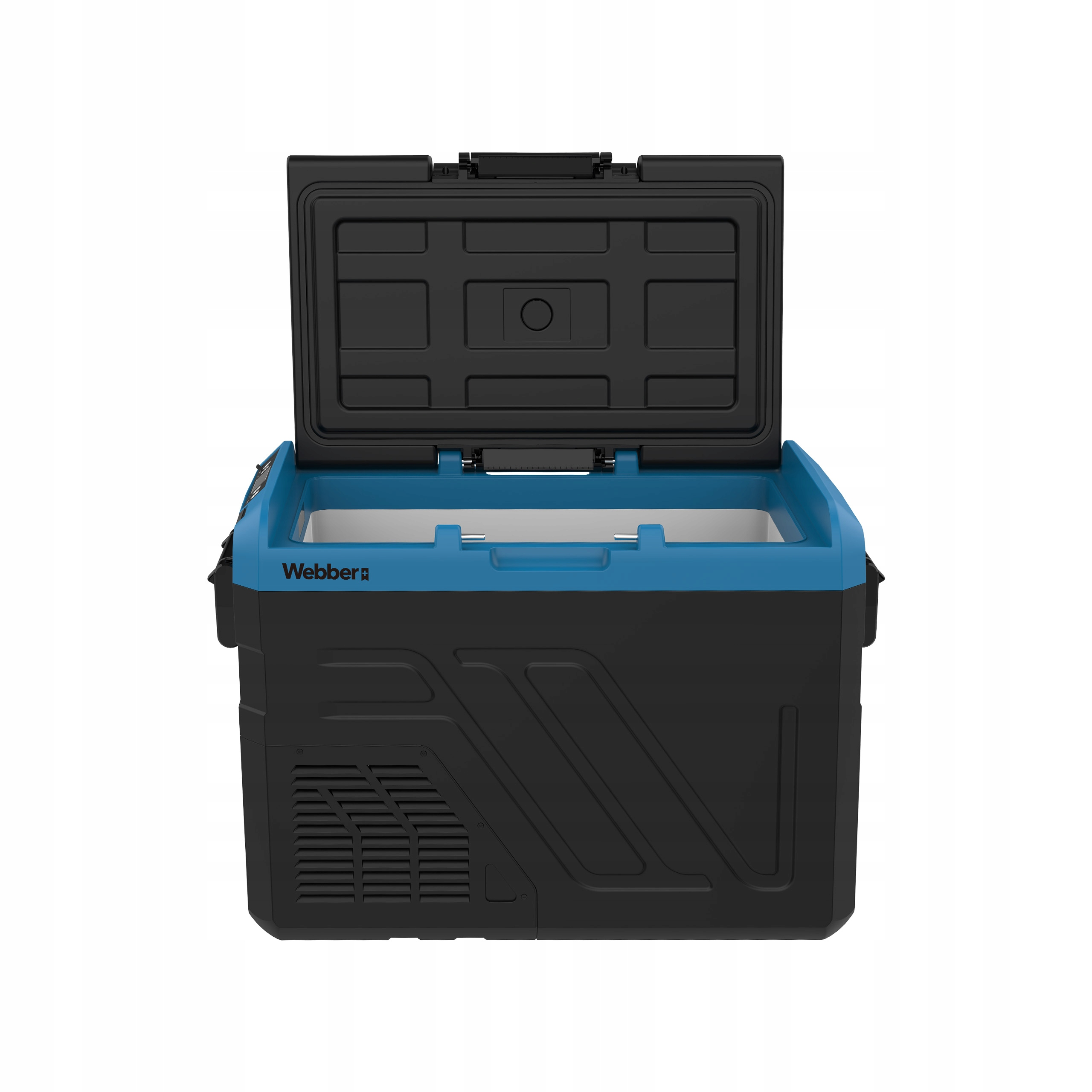Czarno-niebieska przenośna lodówka z otwartą pokrywą na białym tle. Marka Webber.