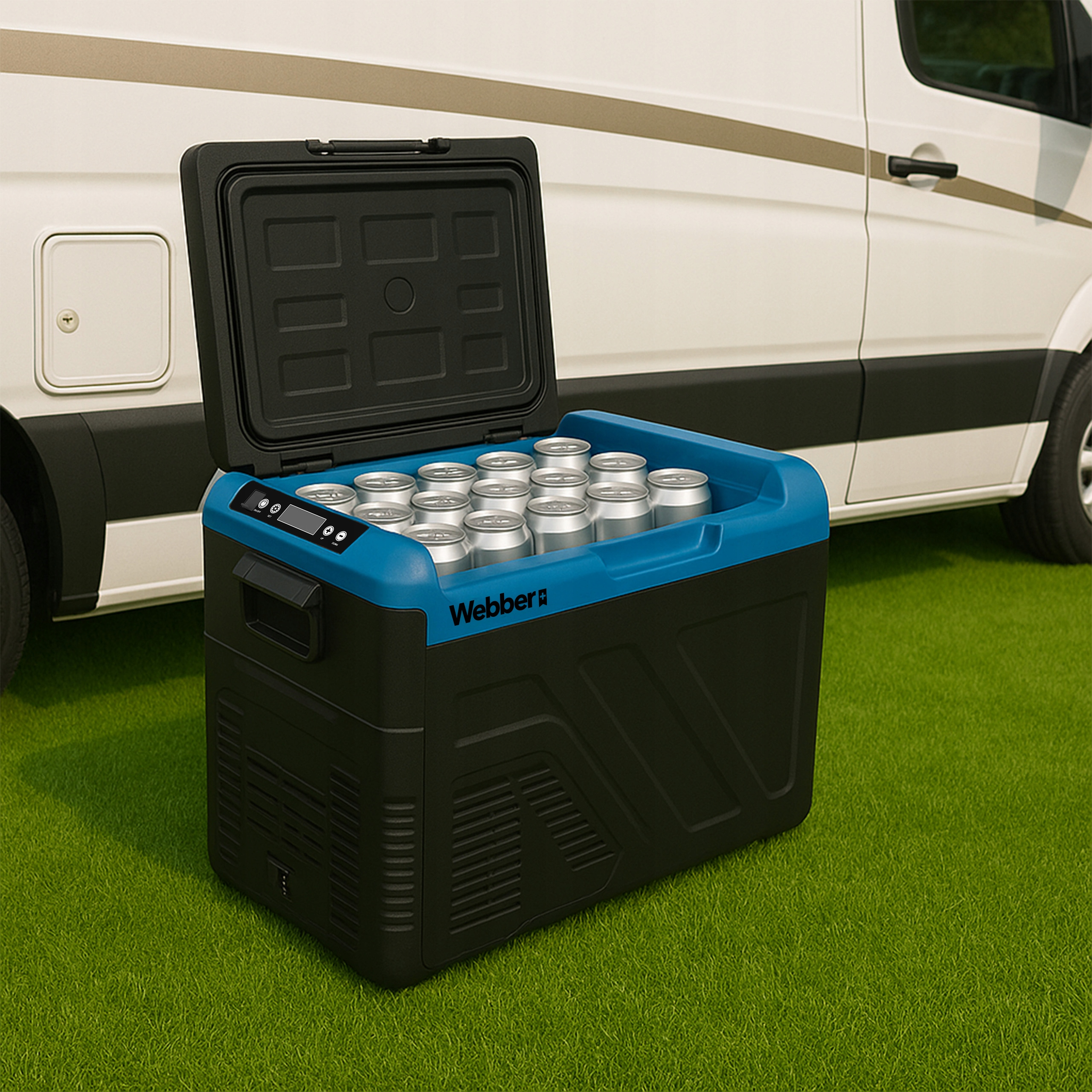 Chłodziarka z otwartymi napojami, obok białego vana, na zielonej trawie.