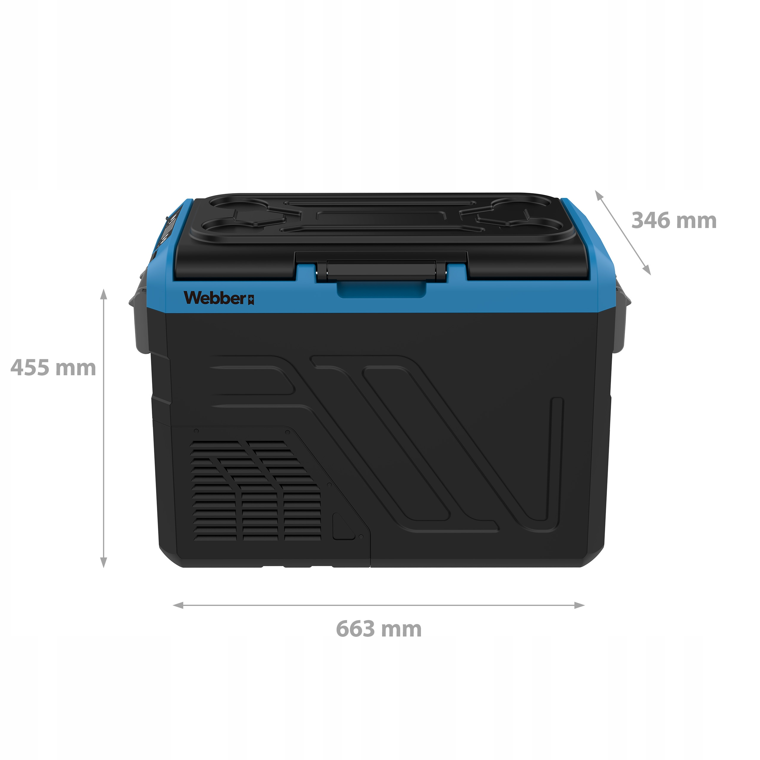 Czarno-niebieska chłodziarka Webber z oznaczonymi wymiarami. 455 mm wysokości, 663 mm szerokości i 346 mm głębokości.