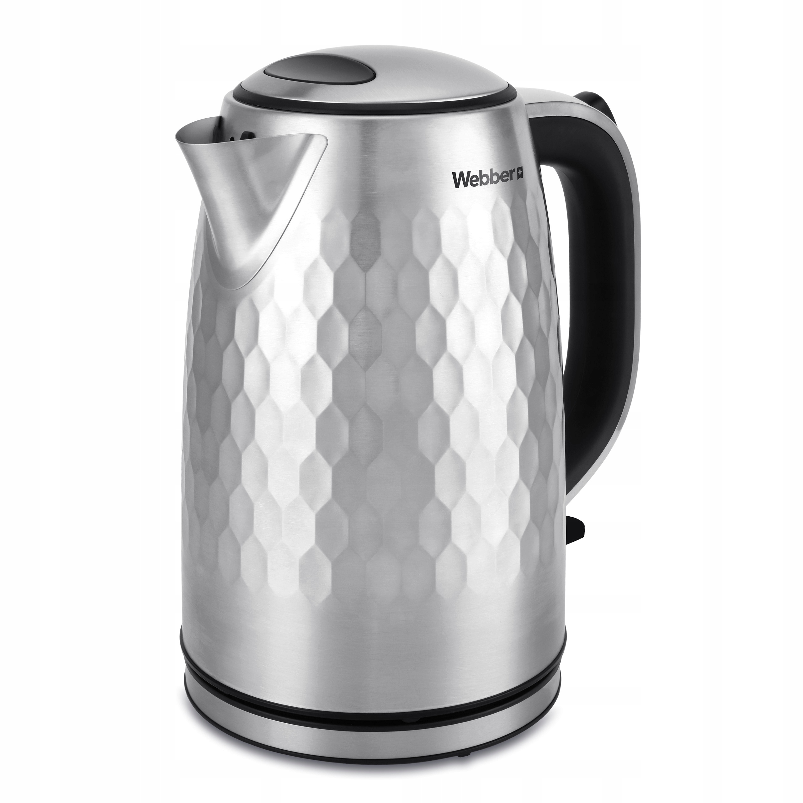 Czajnik ze stali nierdzewnej z czarnym uchwytem. Ma wzorzysty korpus i czarną pokrywę.