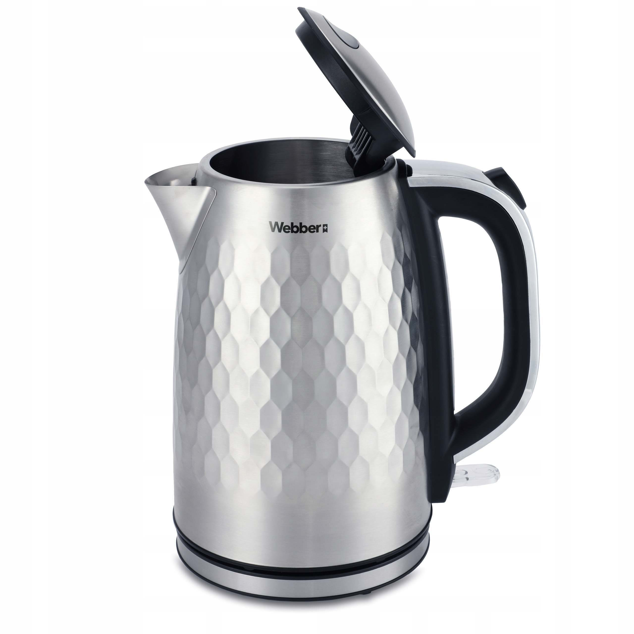 Czajnik Webber ze stali nierdzewnej z teksturowanym korpusem i otwartą pokrywą, odizolowany.