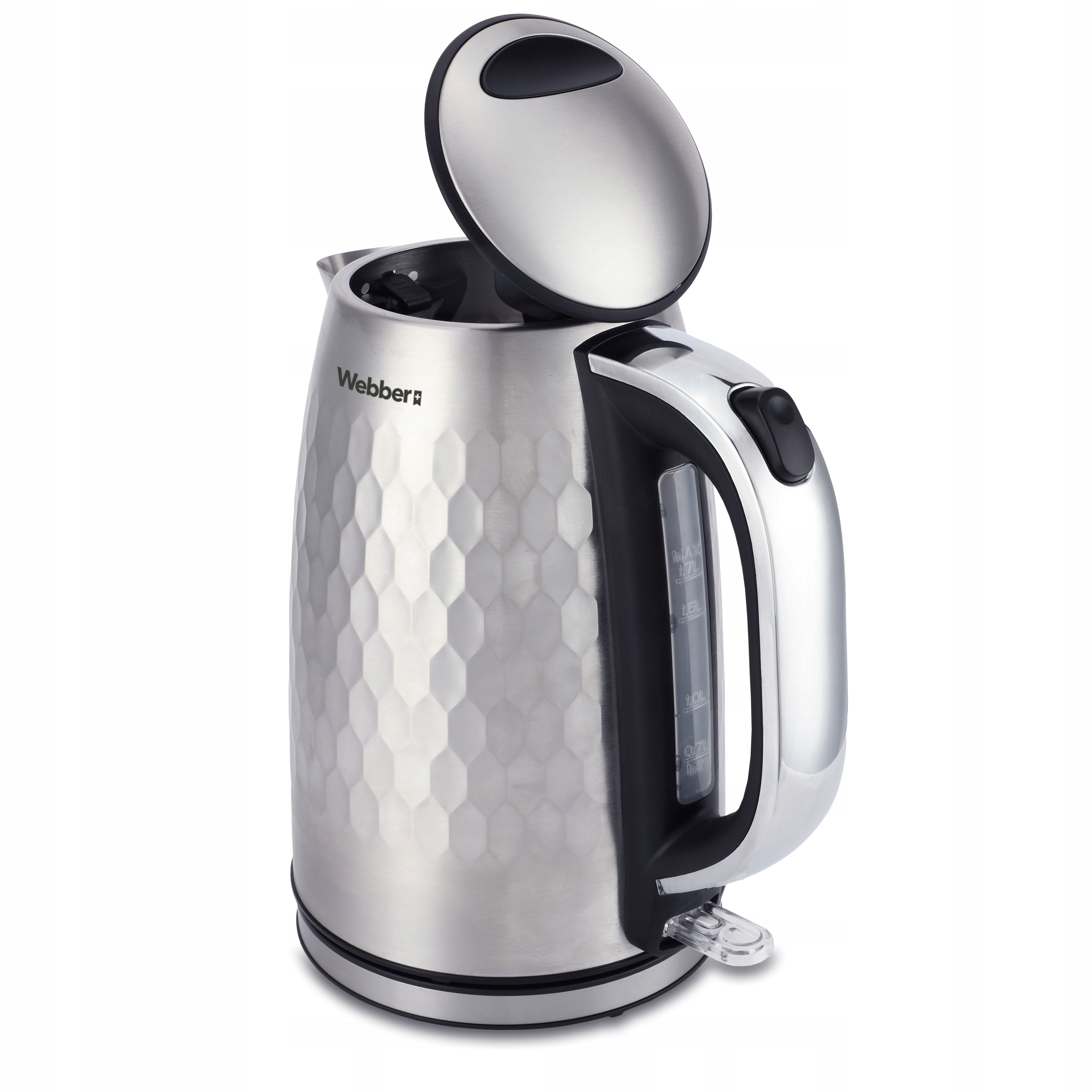 Czajnik ze stali nierdzewnej z otwartą pokrywą. Ma wzorzysty korpus, uchwyt i wskaźnik poziomu wody.