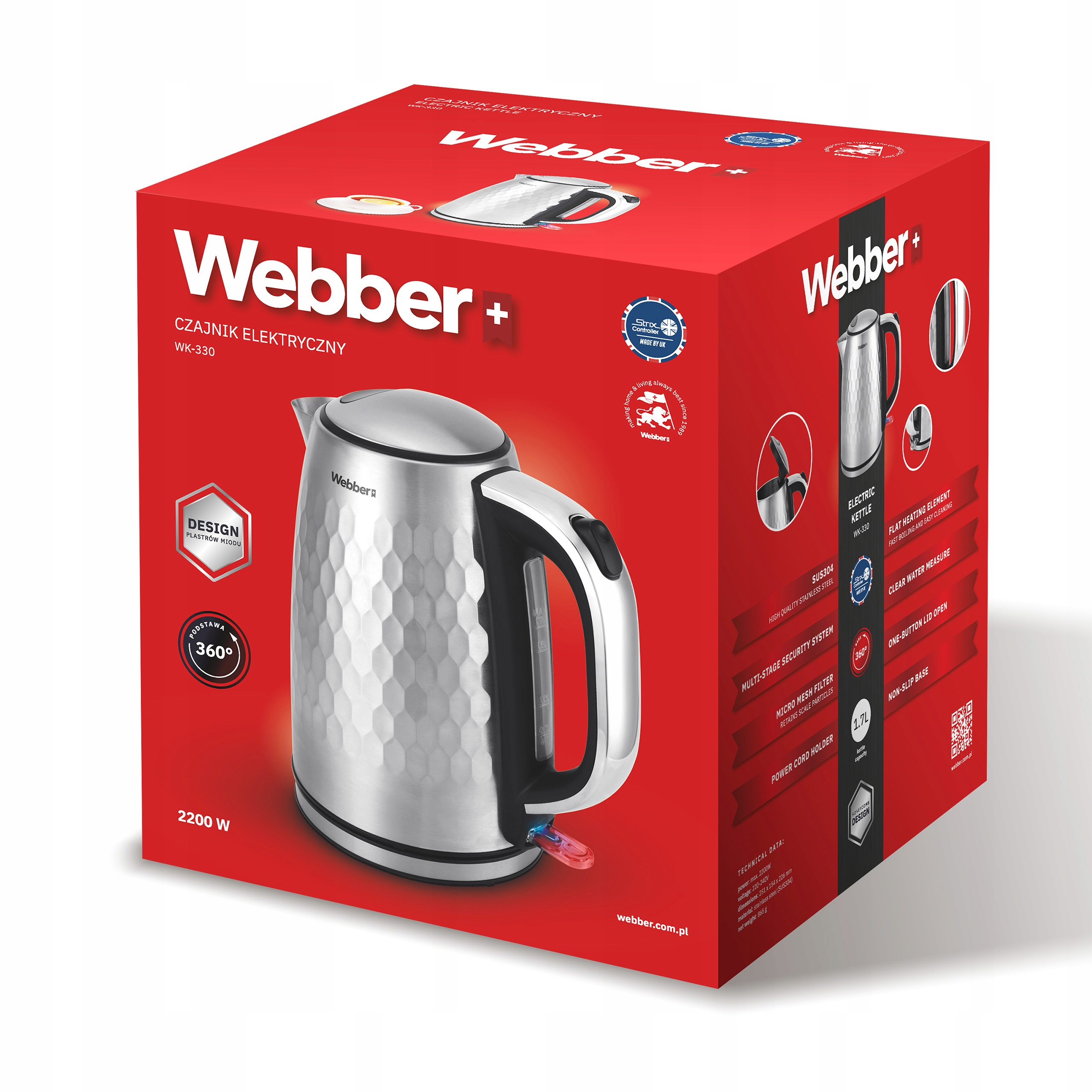 Czerwone pudełko ze srebrnym czajnikiem elektrycznym. Tekst: 'Webber', 'WK-330', cechy.