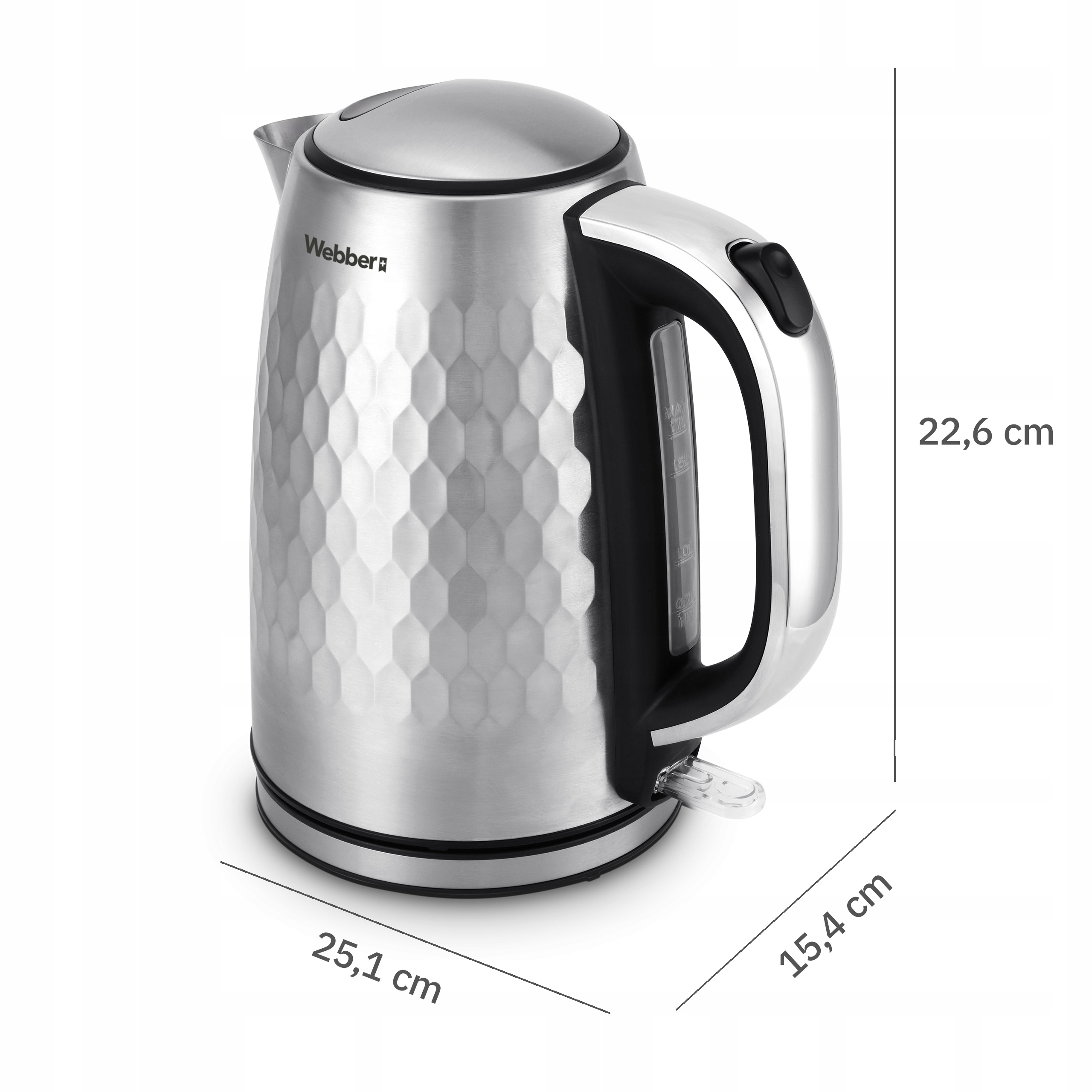 Czajnik elektryczny ze stali nierdzewnej z teksturowanym korpusem. Wymiary są wyświetlane. Marka to 'Webber'.