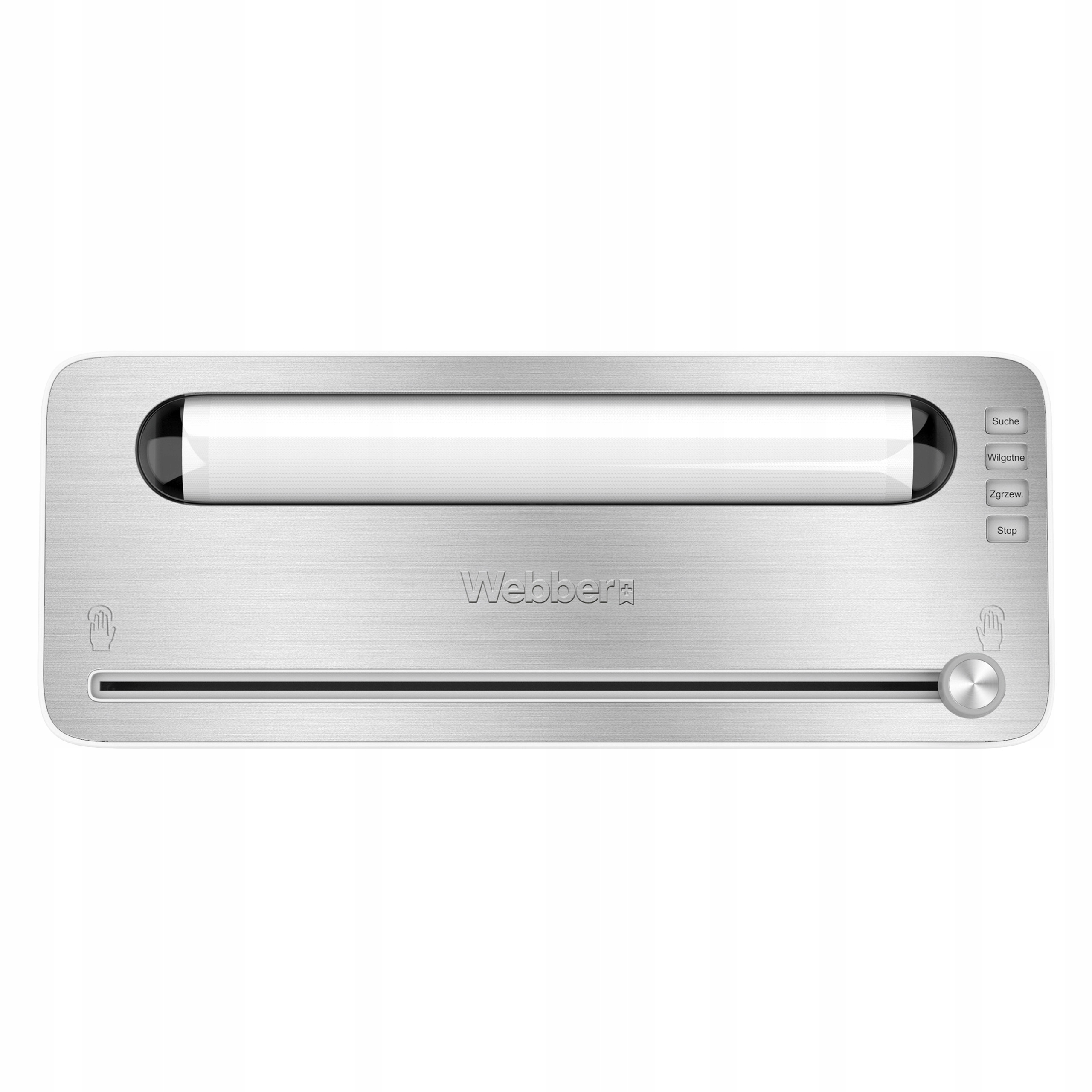 Srebrne urządzenie Webber z białym wałkiem i przyciskami sterowania. Posiada suwak i symbole dłoni.