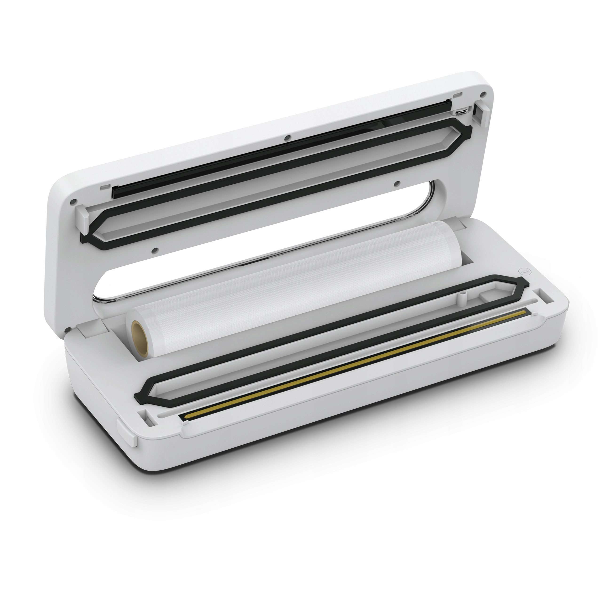 Biała zgrzewarka próżniowa, otwarta, pokazująca rolkę folii. Widoczne czarne i żółte detale.