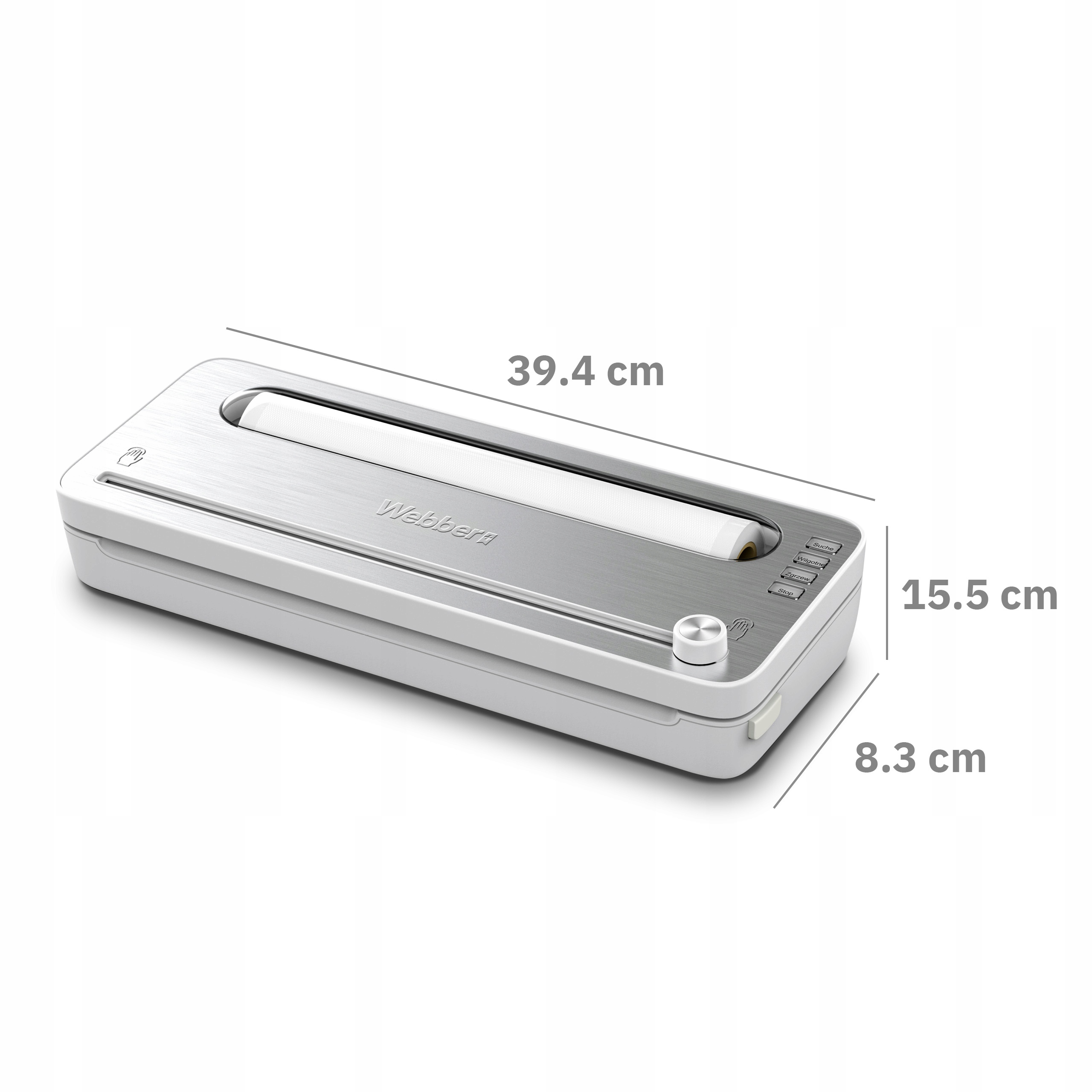 Srebrno-biała zgrzewarka do żywności z wymiarami. Widoczna marka Webber.