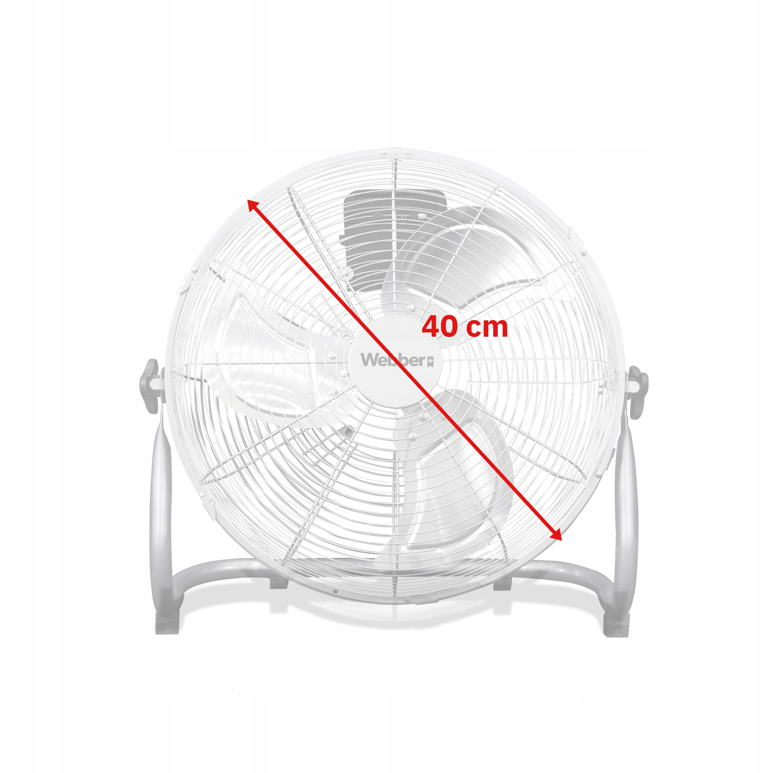 Biały wentylator z czerwoną strzałką pomiarową 40 cm. Ma trzy łopaty i logo Webber.