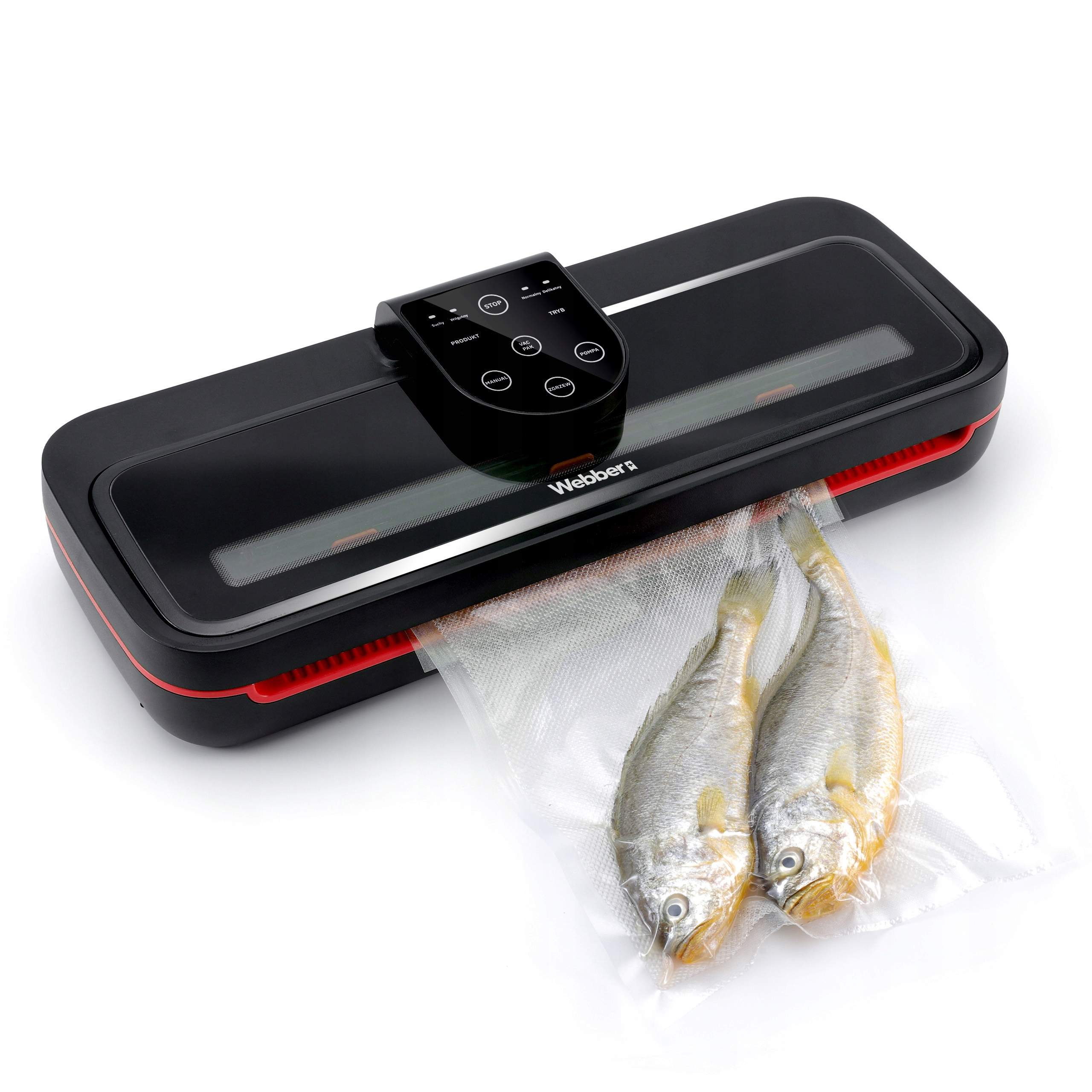 Czarna zgrzewarka próżniowa z rybą w przezroczystej torbie na białej powierzchni. Zgrzewarka ma panel sterowania.