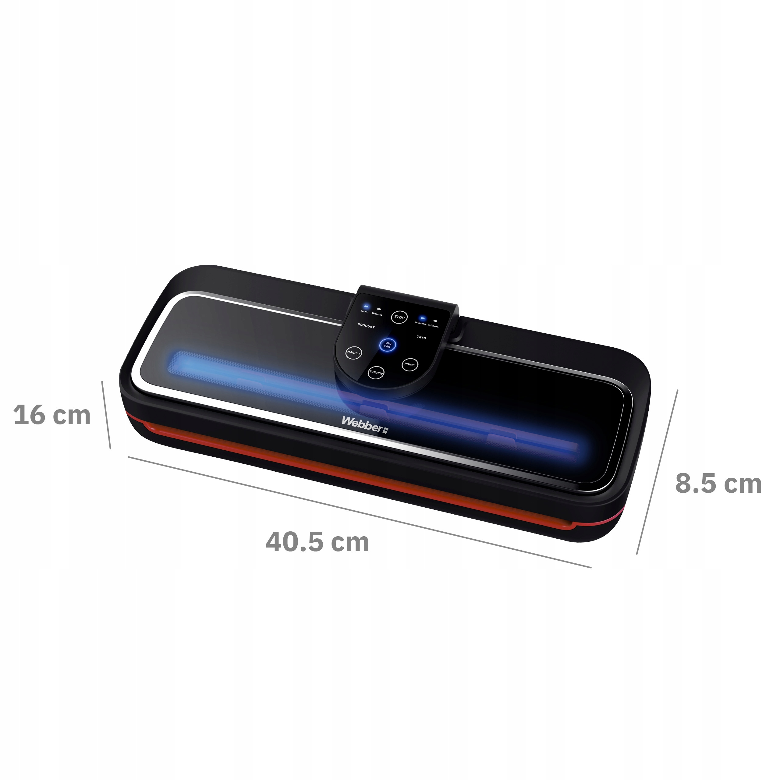 Czarna zgrzewarka próżniowa do żywności z wymiarami. Posiada panel sterowania i markę Webber.