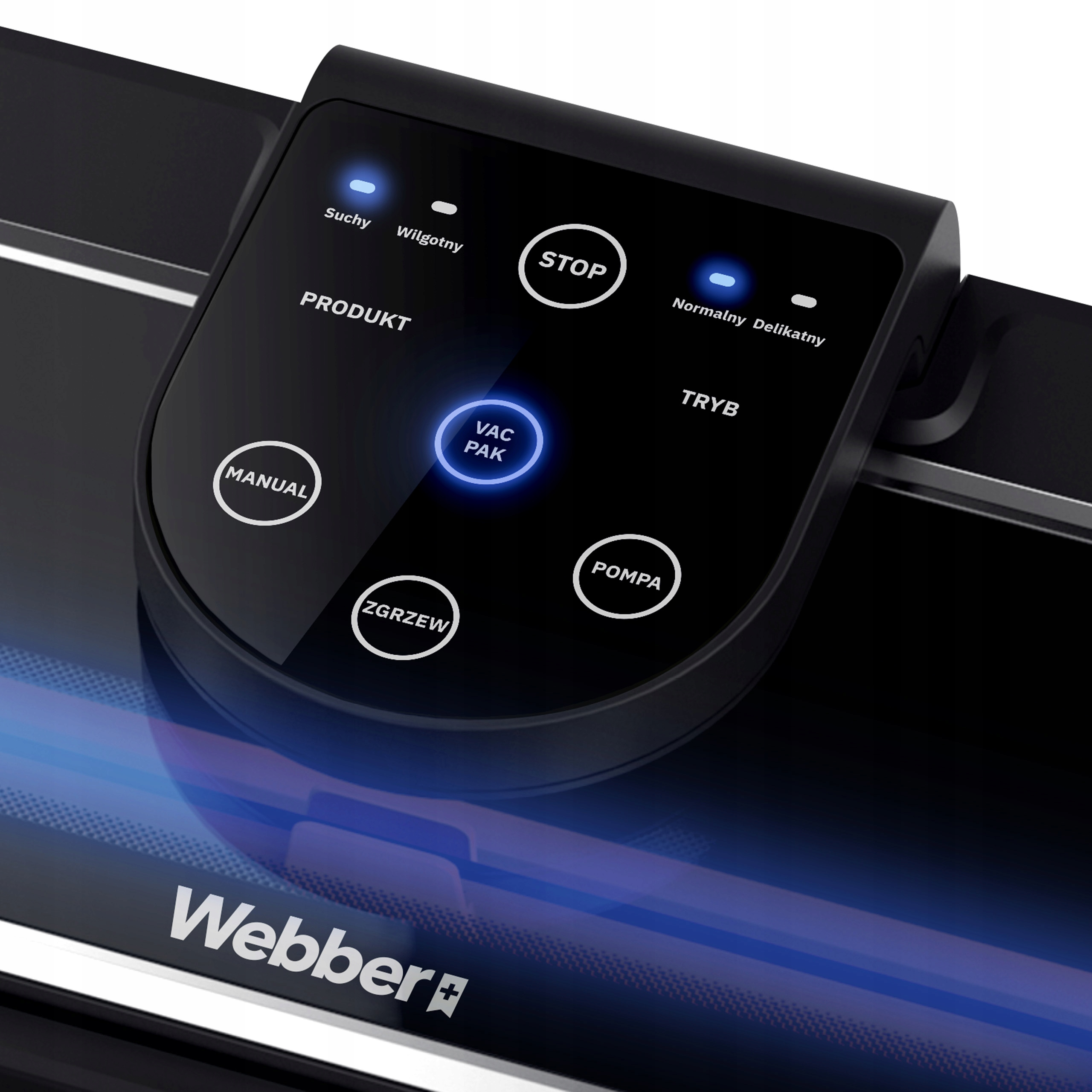 Czarny panel sterowania zgrzewarki próżniowej. Przyciski 'Stop', 'Vac Pak' i światła. Widoczna marka 'Webber'.