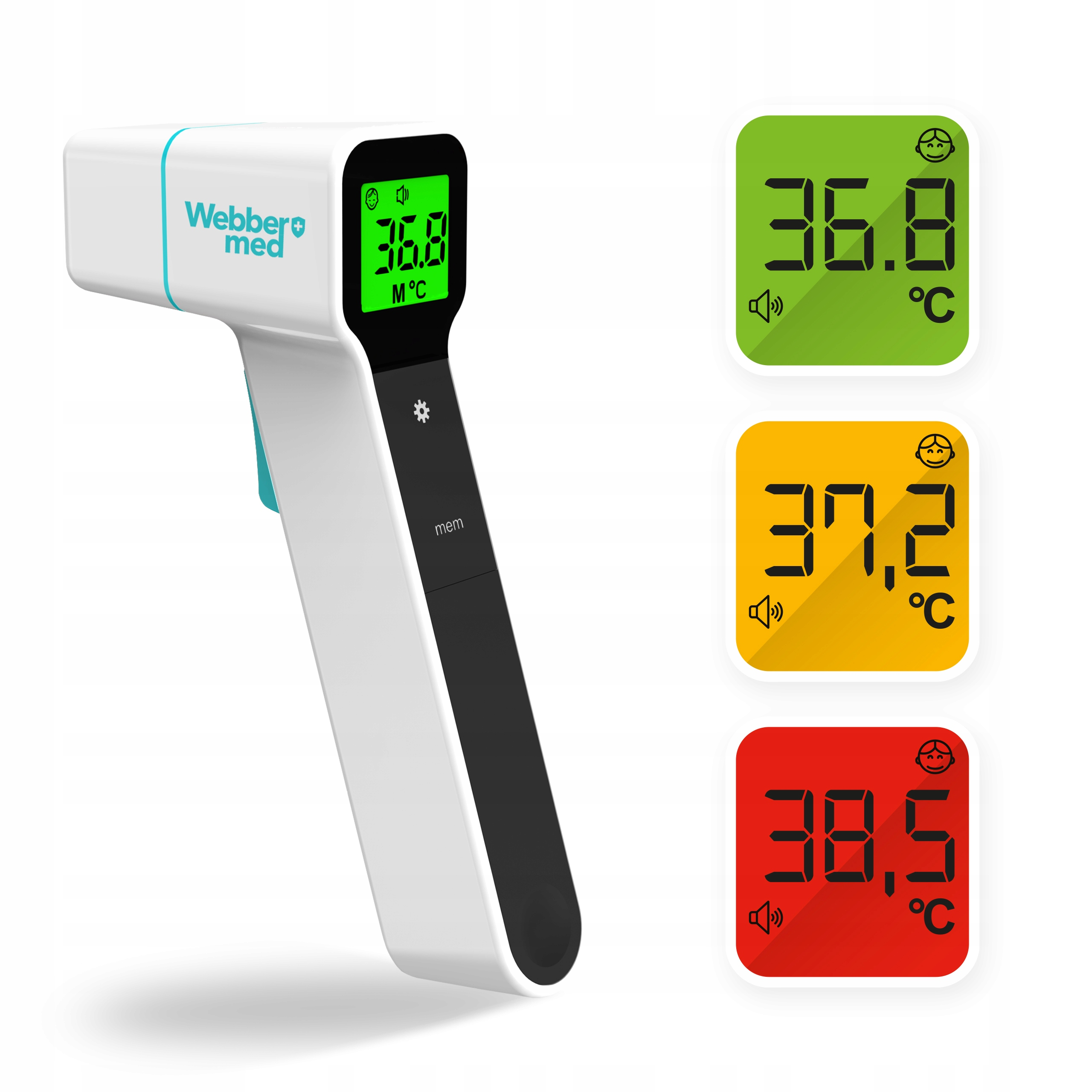 Biało-czarny termometr na podczerwień wyświetla 36,8°C. Trzy odczyty temperatury są również wyświetlane w kolorze zielonym, żółtym i czerwonym.