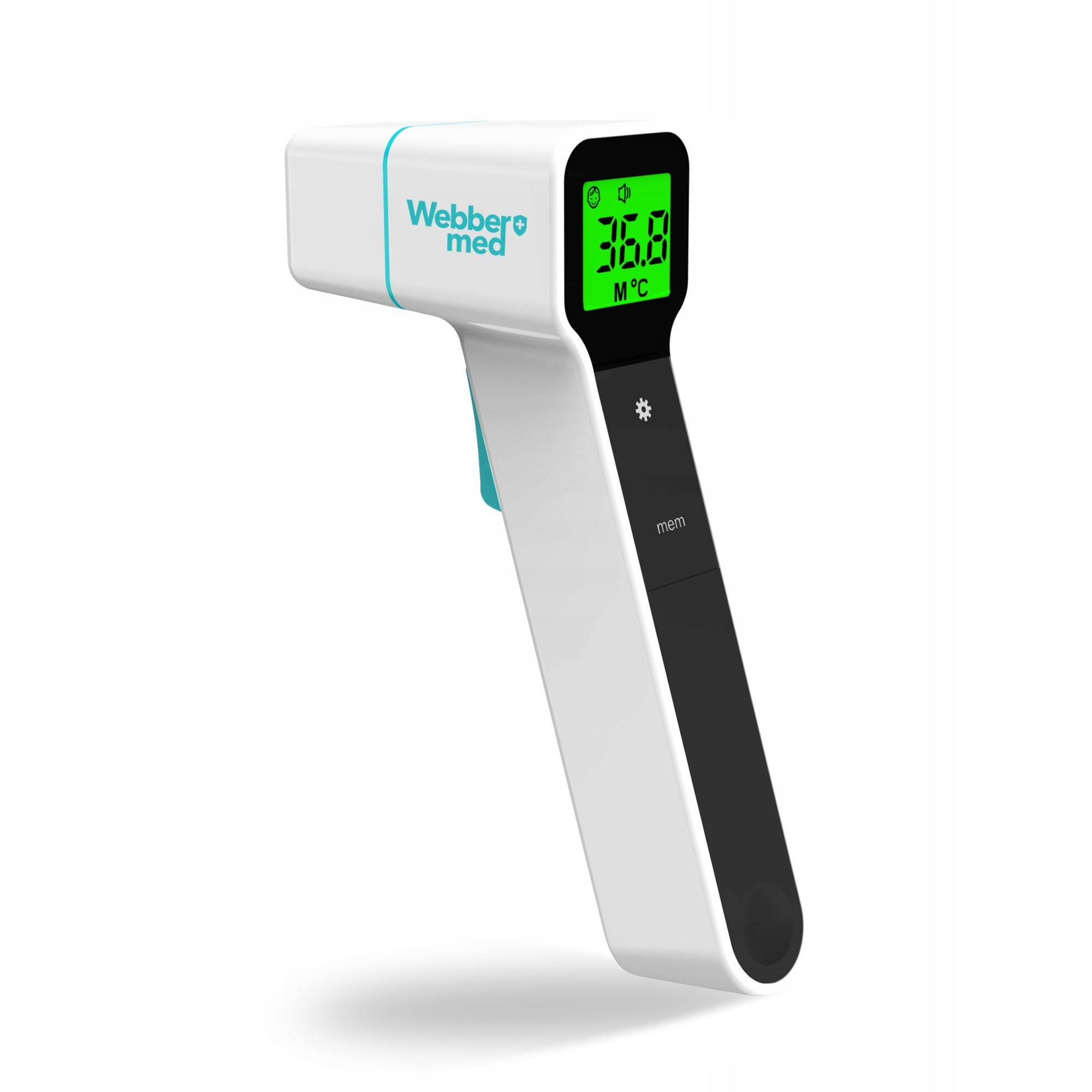 Biało-czarny termometr na podczerwień wyświetla 36,8°C. Ma logo Webber med i zielony wyświetlacz.