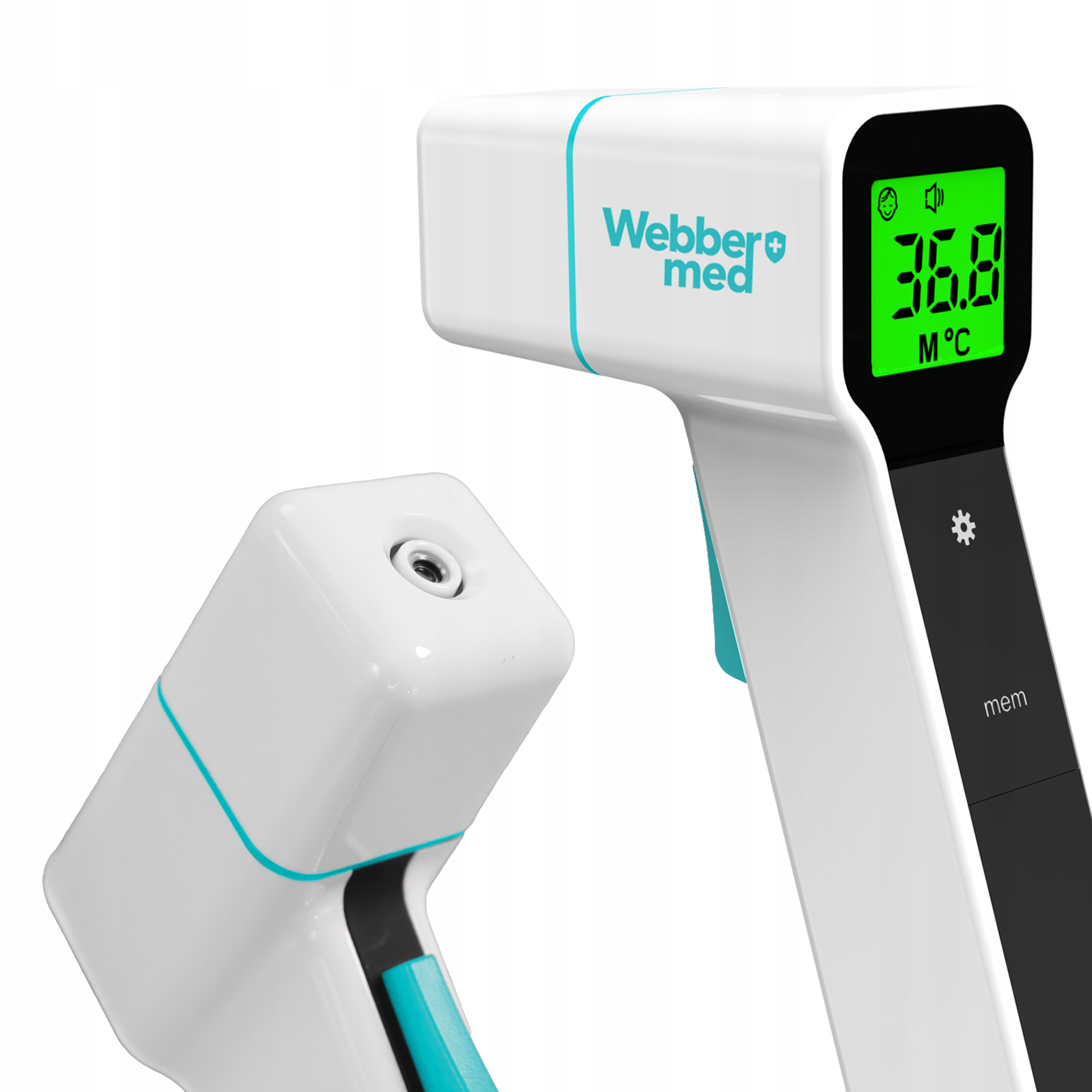 Biały i turkusowy termometr Webber med pokazuje 36,8 stopni Celsjusza. Druga część urządzenia jest po lewej stronie.